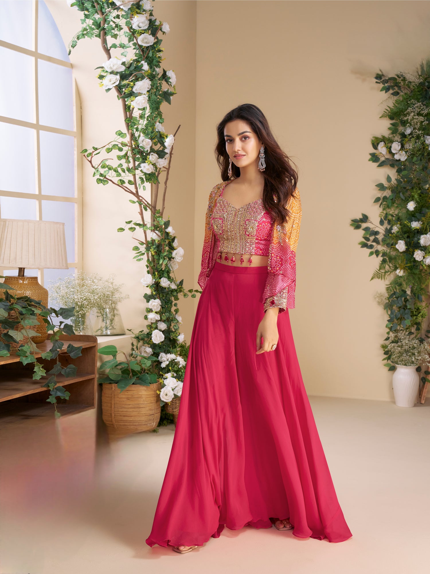 Pink Chinon Silk Palazzo Set with Heavy Hand Embroidered Blouse