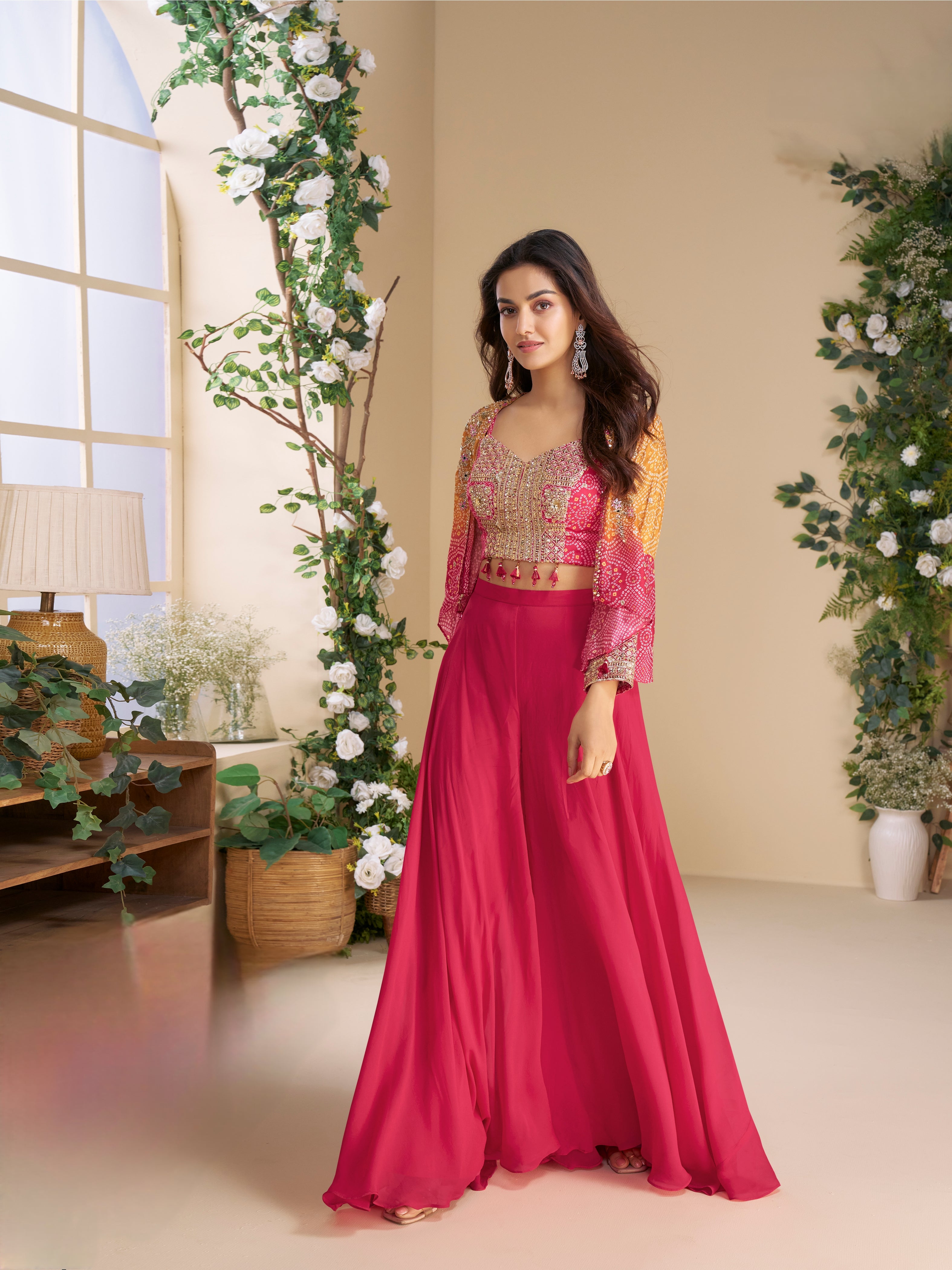 Pink Chinon Silk Palazzo Set with Heavy Hand Embroidered Blouse