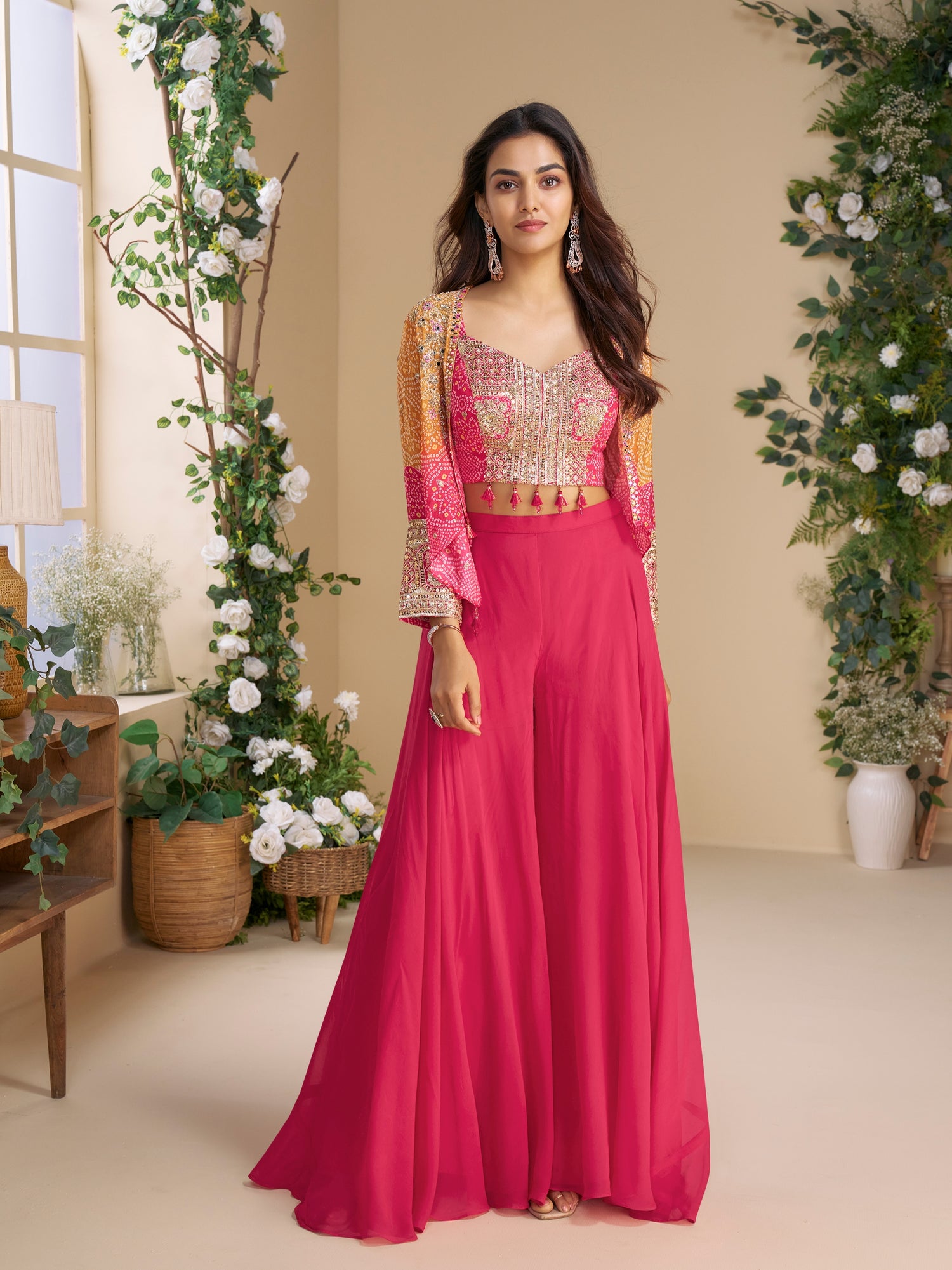 Pink Chinon Silk Palazzo Set with Heavy Hand Embroidered Blouse
