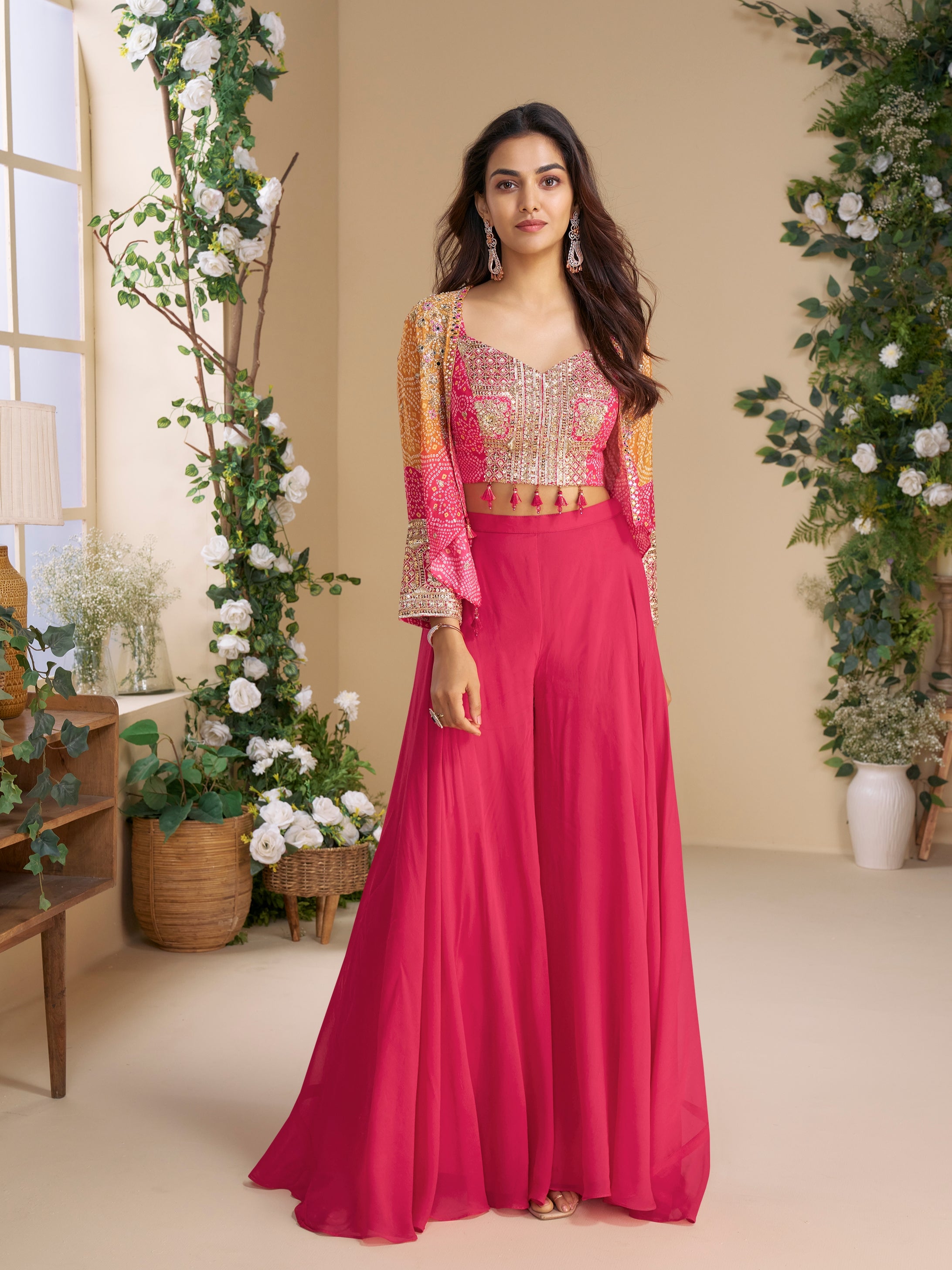 Pink Chinon Silk Palazzo Set with Heavy Hand Embroidered Blouse