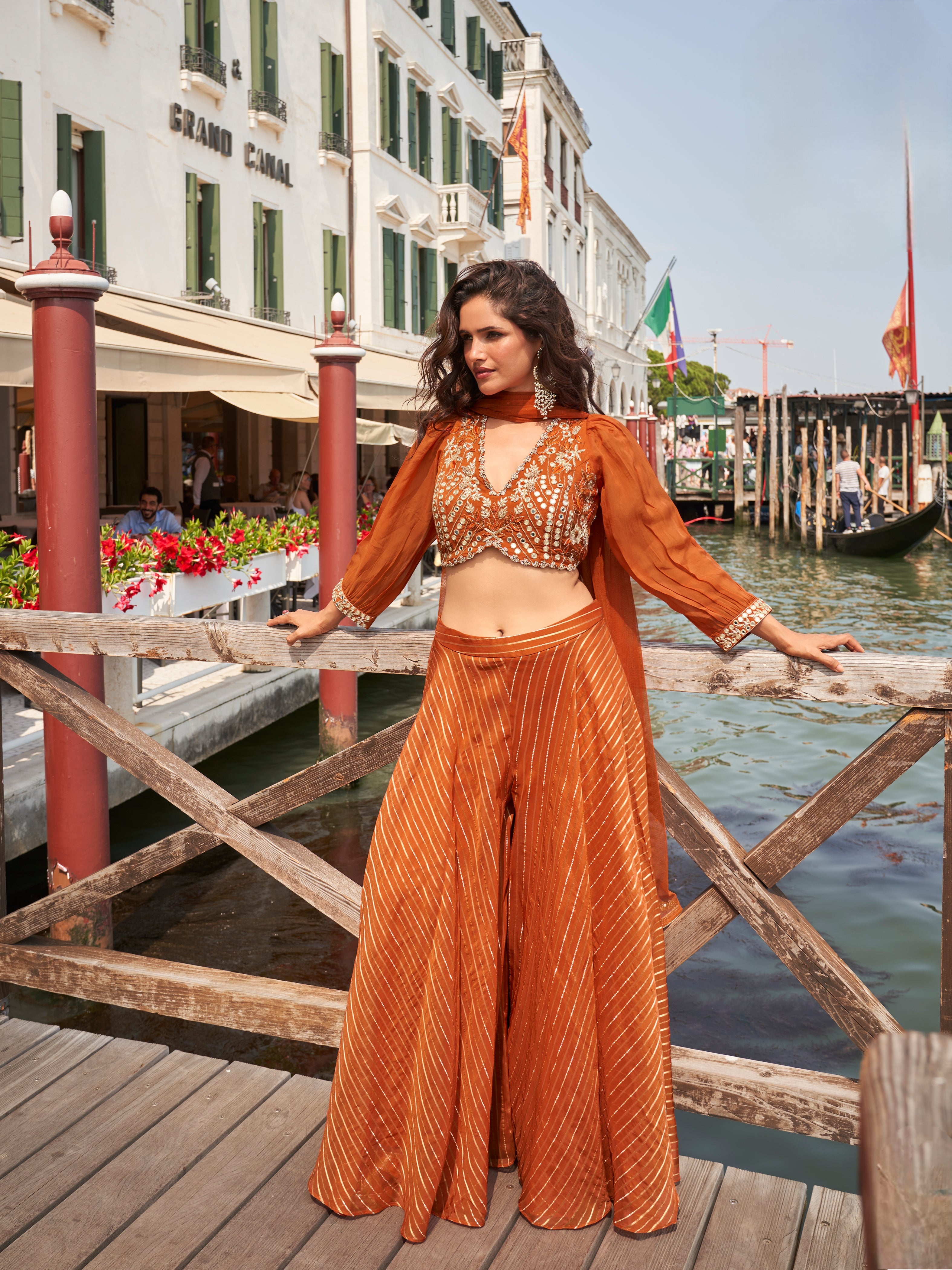 Rust Orange Mirror Work Crop-Top Palazzo Set