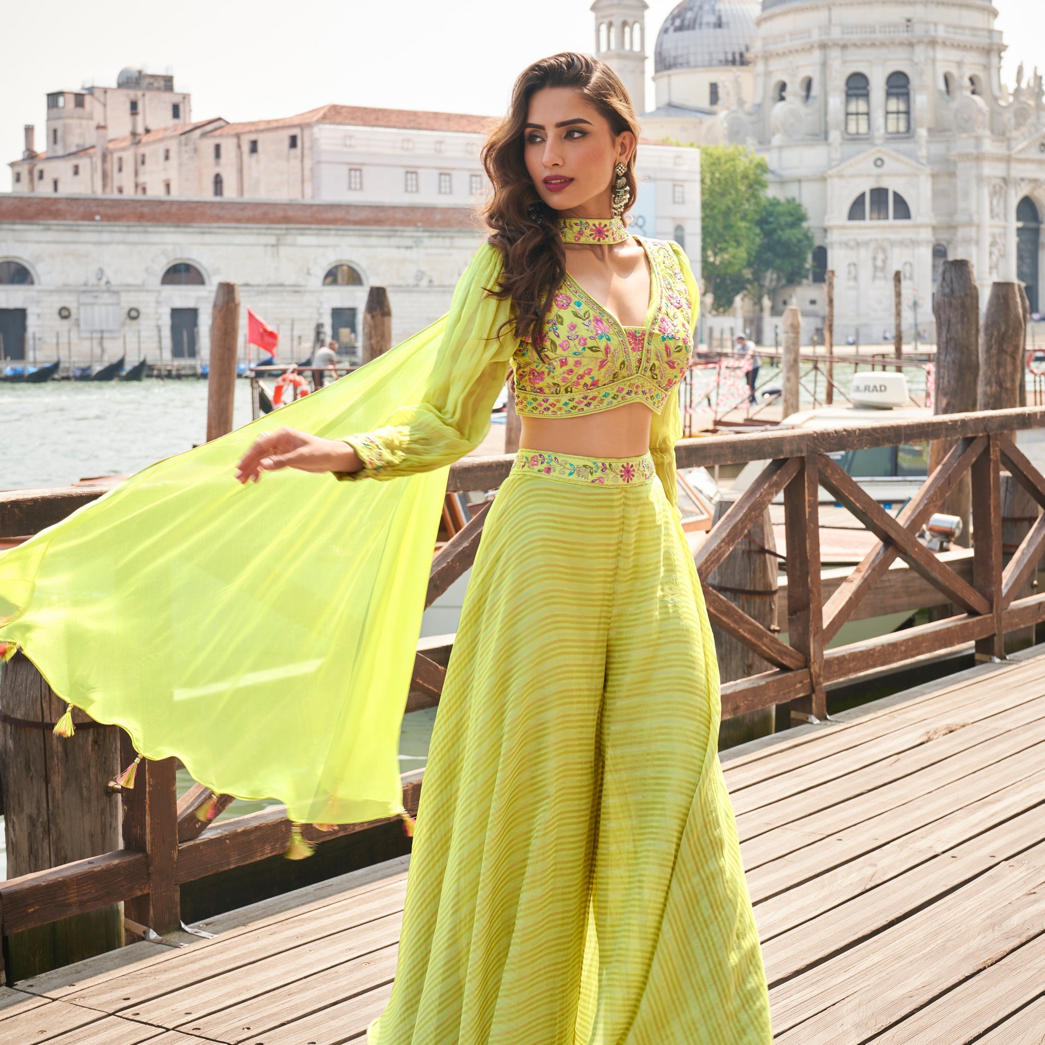 Lime Yellow Palazzo Suit with Embroidered Crop Top