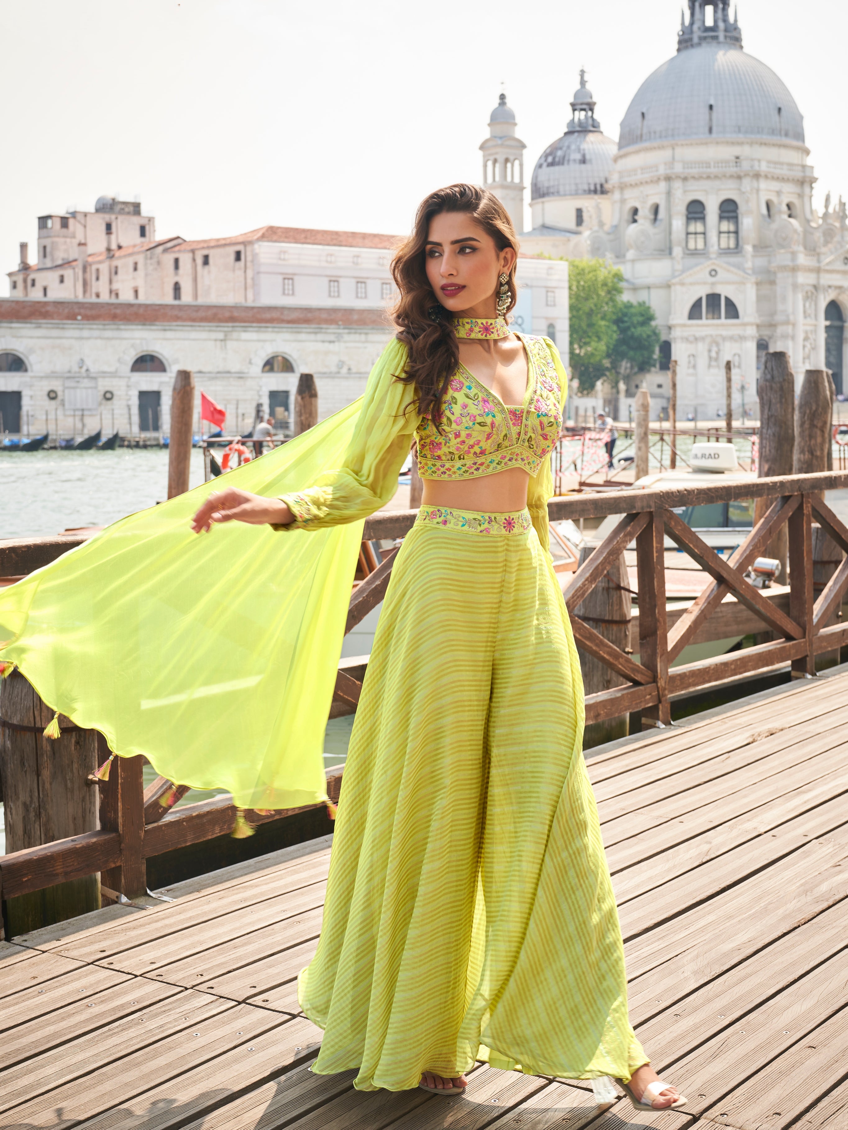 Lime Yellow Palazzo Suit with Embroidered Crop Top