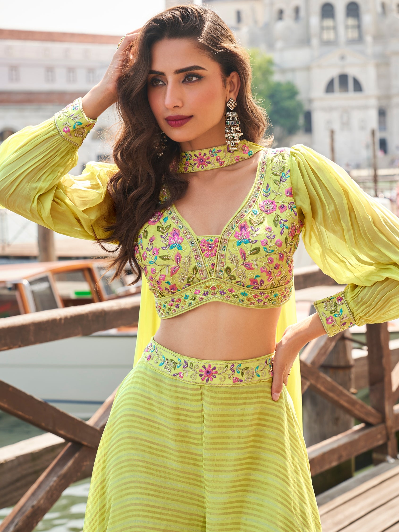 Lime Yellow Palazzo Suit with Embroidered Crop Top
