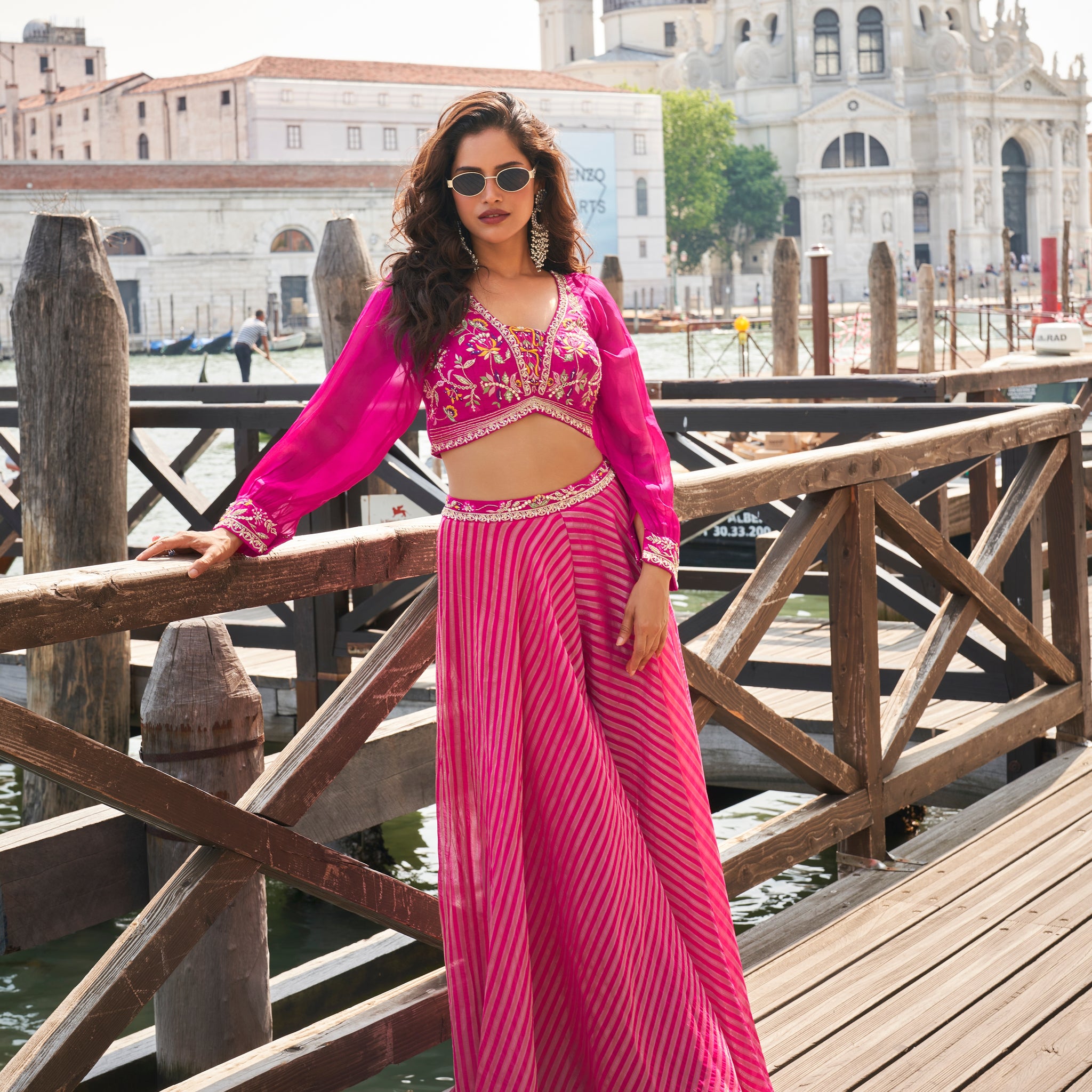 Hot Pink Crop Top Palazzo Set with Embroidered Silk Blouse