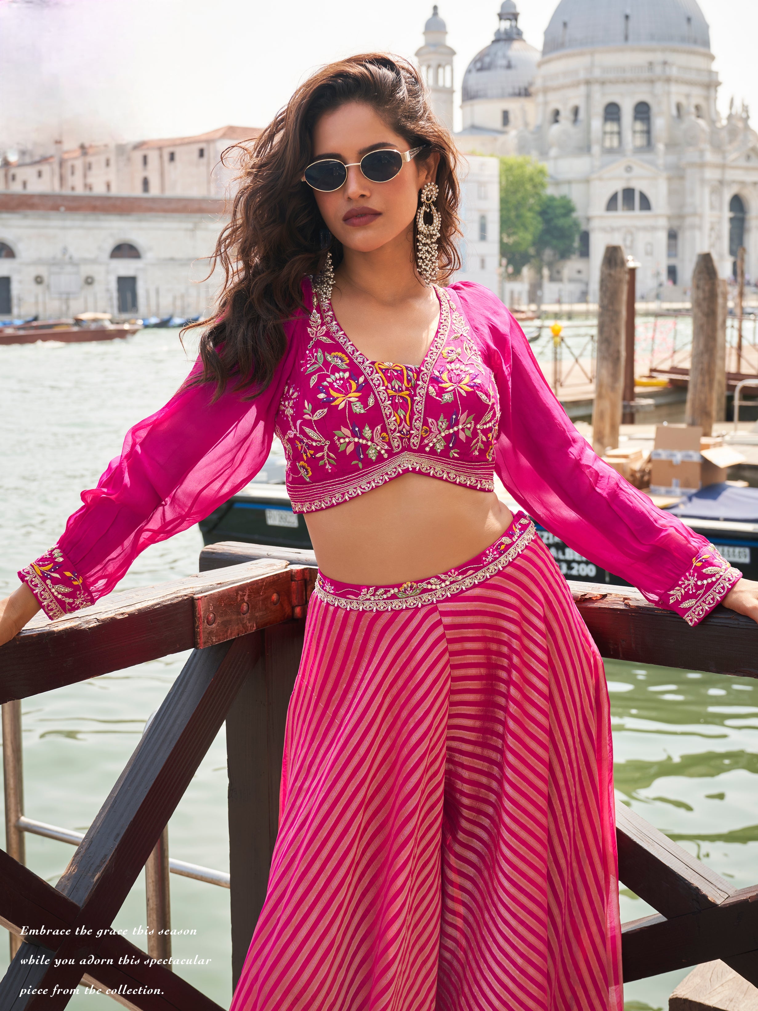 Hot Pink Crop Top Palazzo Set with Embroidered Silk Blouse
