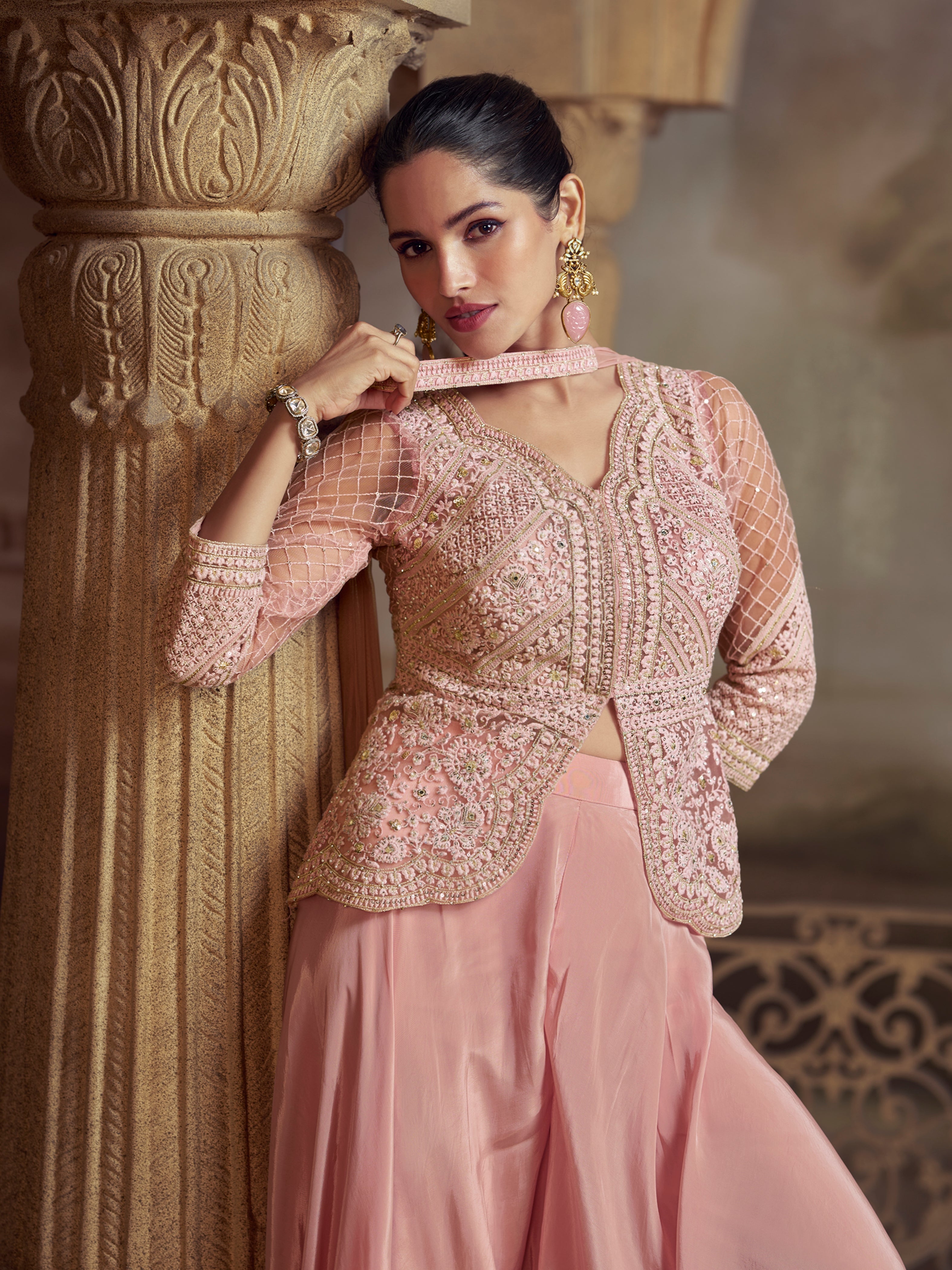 Blush Pink Front Slit Embroidered Palazzo Suit