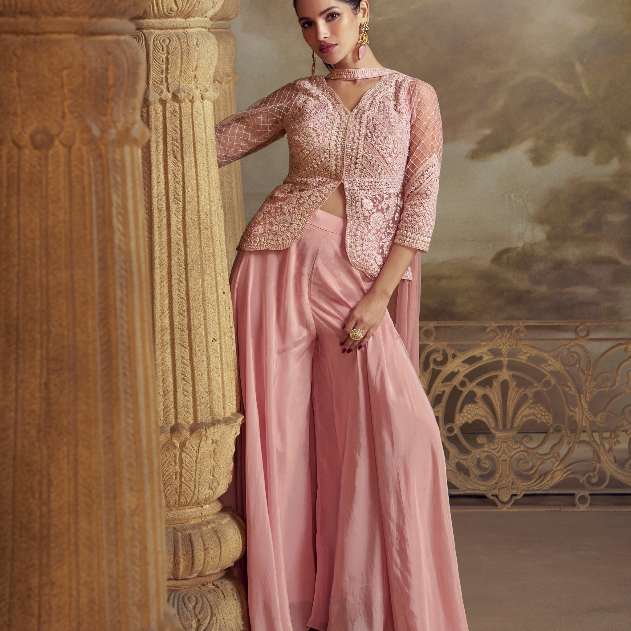 Blush Pink Front Slit Embroidered Palazzo Suit