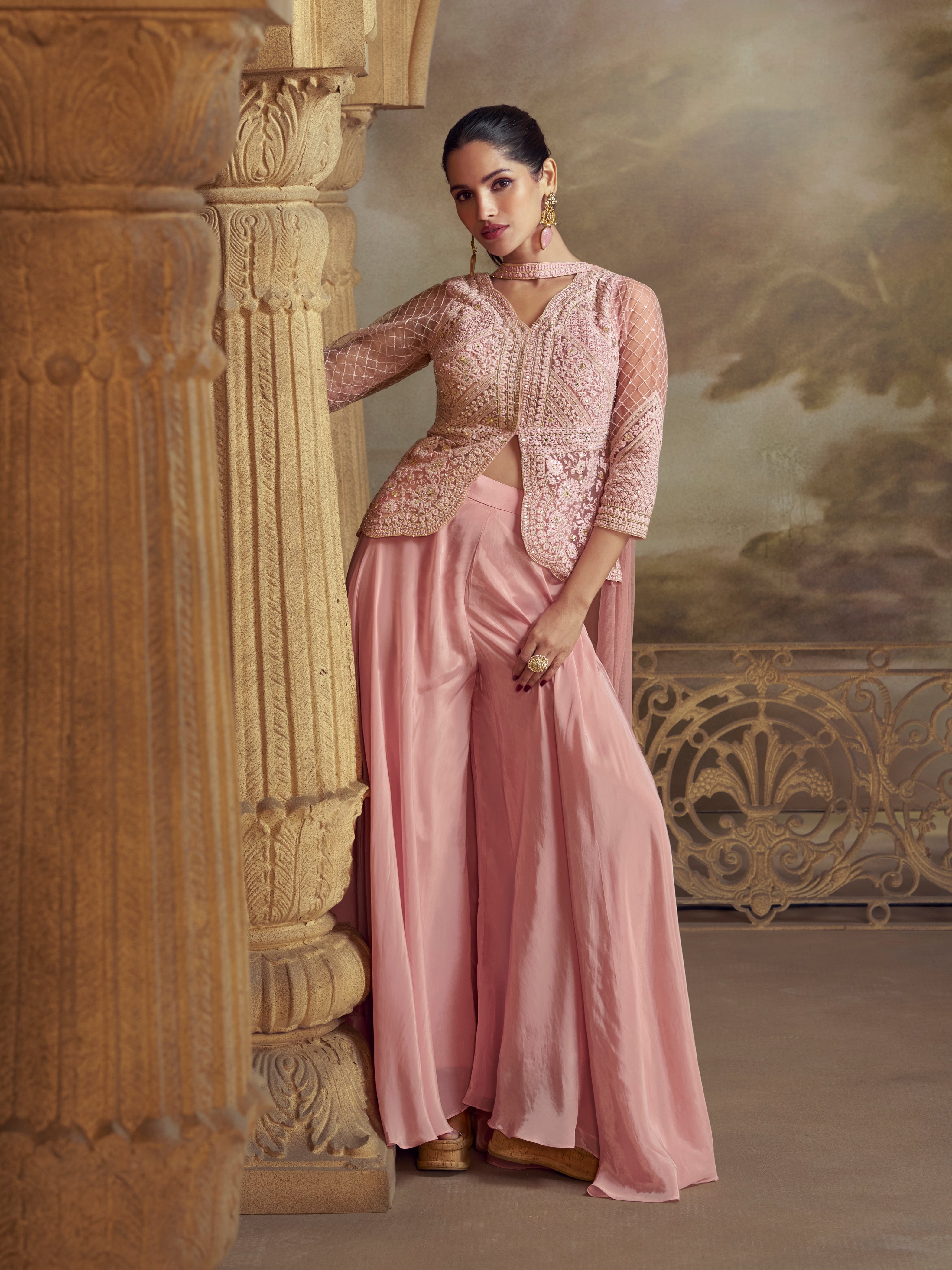 Blush Pink Front Slit Embroidered Palazzo Suit