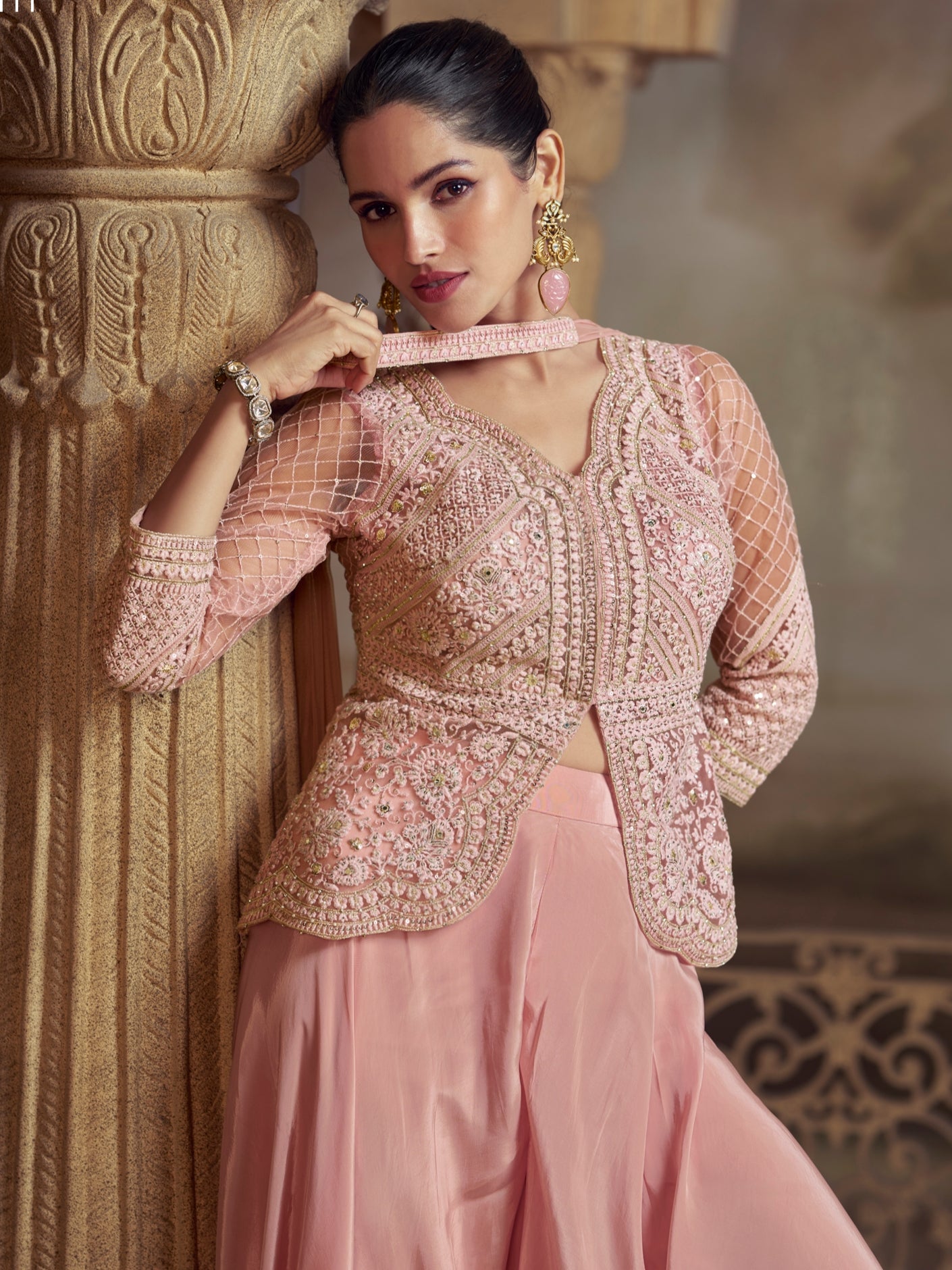 Blush Pink Front Slit Embroidered Palazzo Suit