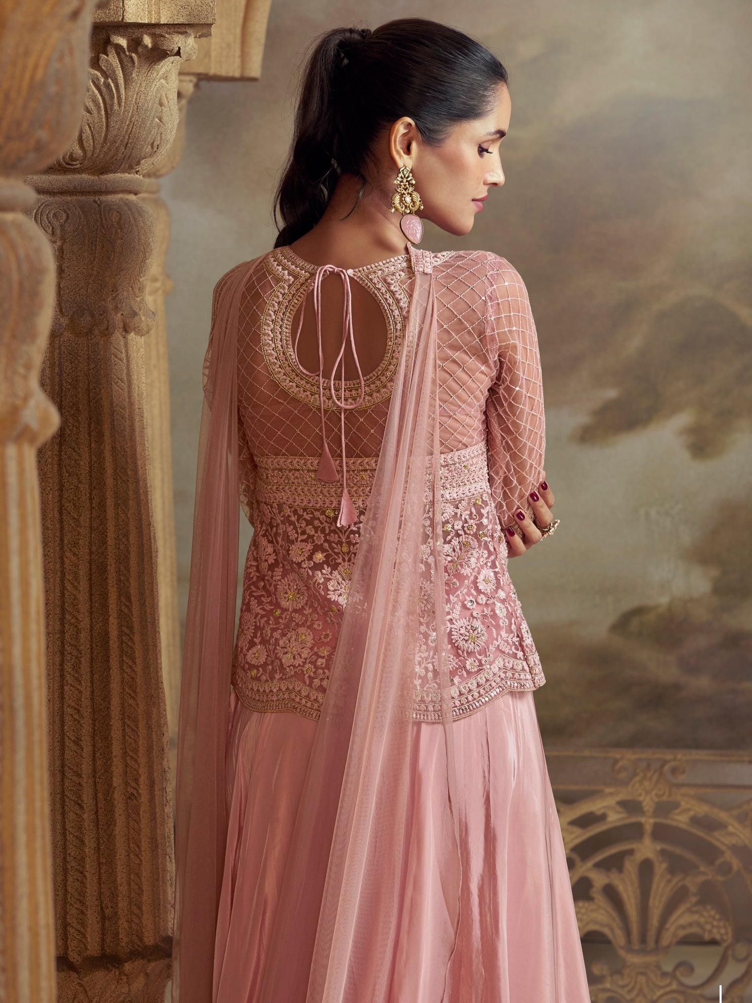 Blush Pink Front Slit Embroidered Palazzo Suit