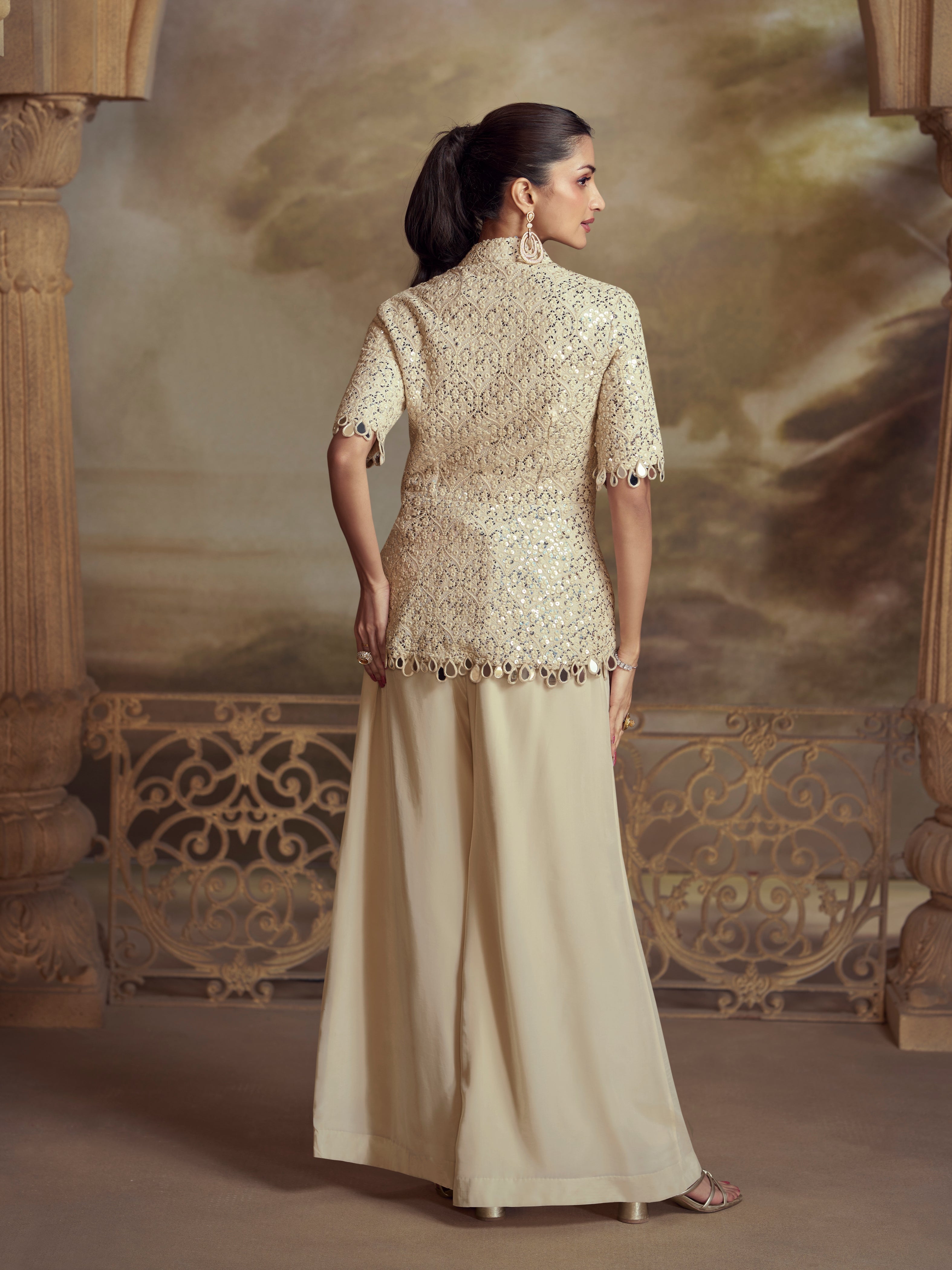 Cream Koti Style Palazzo Suit with Mirror Embroidery