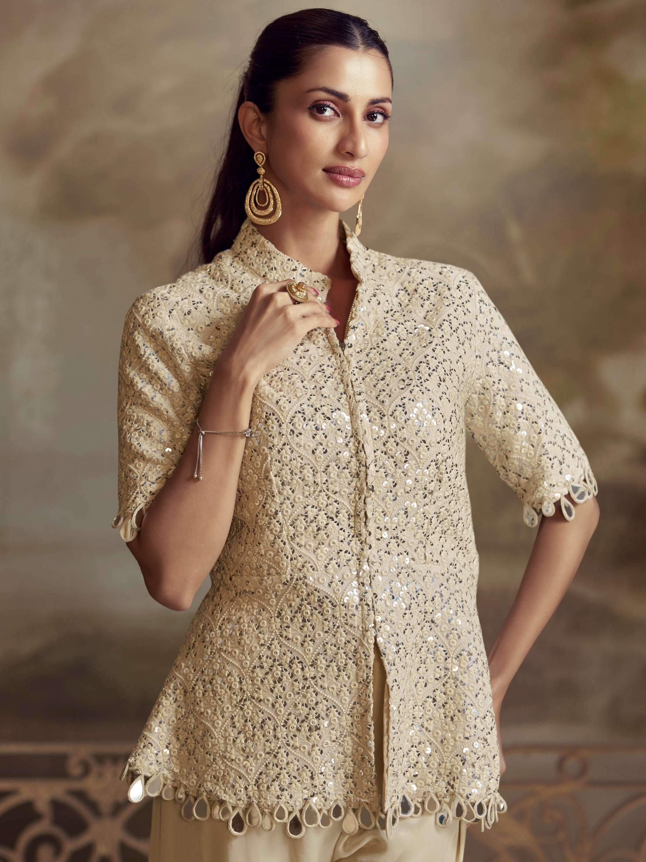 Cream Koti Style Palazzo Suit with Mirror Embroidery