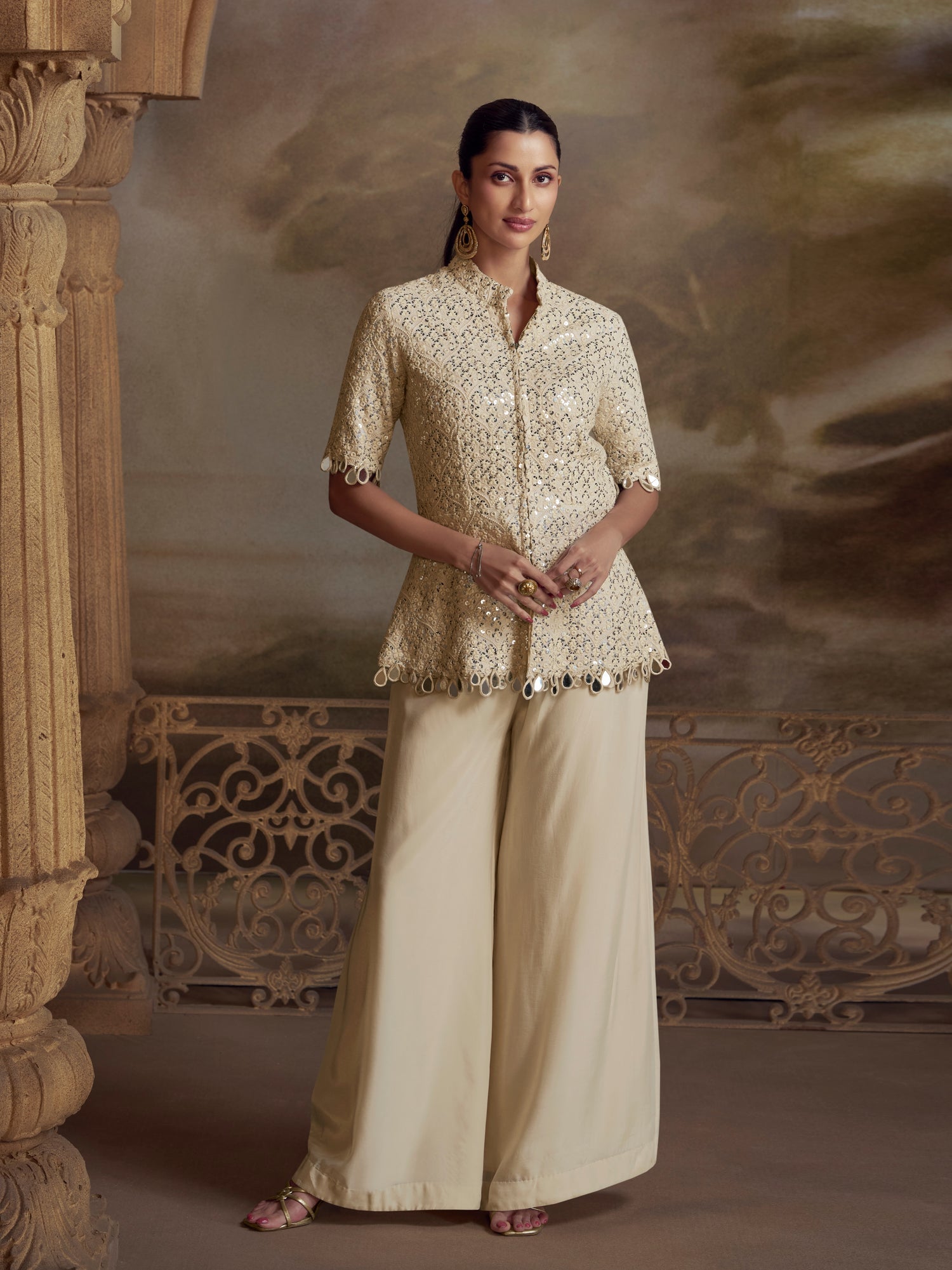 Cream Koti Style Palazzo Suit with Mirror Embroidery
