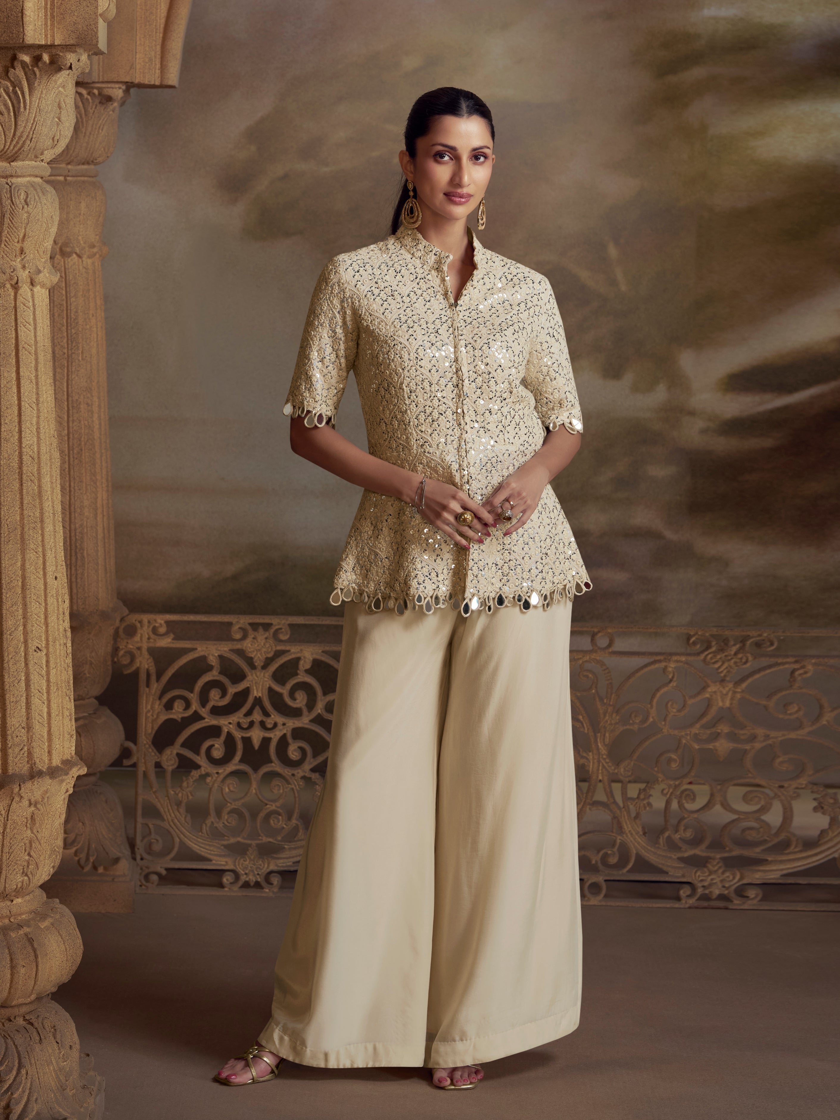 Cream Koti Style Palazzo Suit with Mirror Embroidery