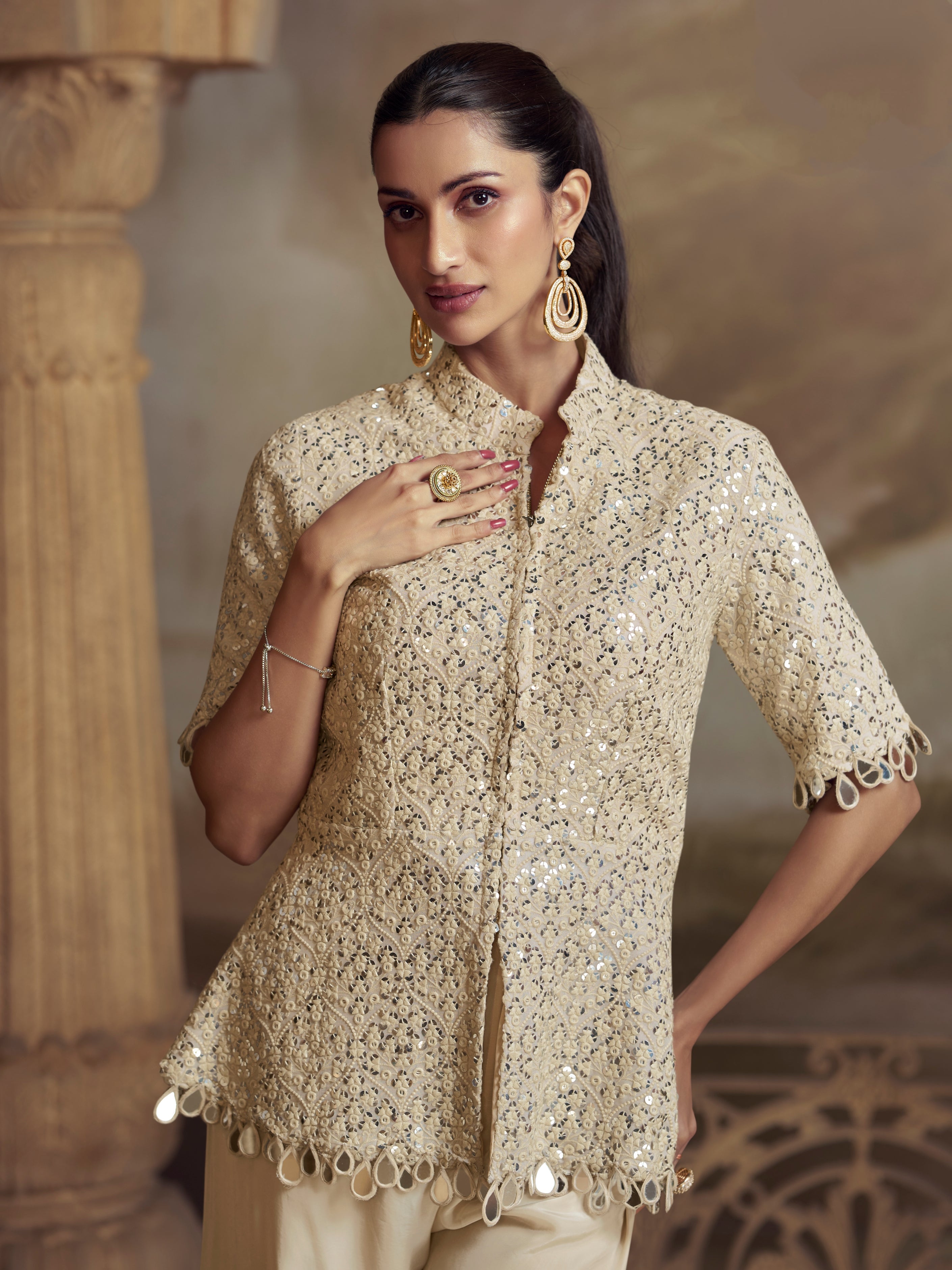 Cream Koti Style Palazzo Suit with Mirror Embroidery