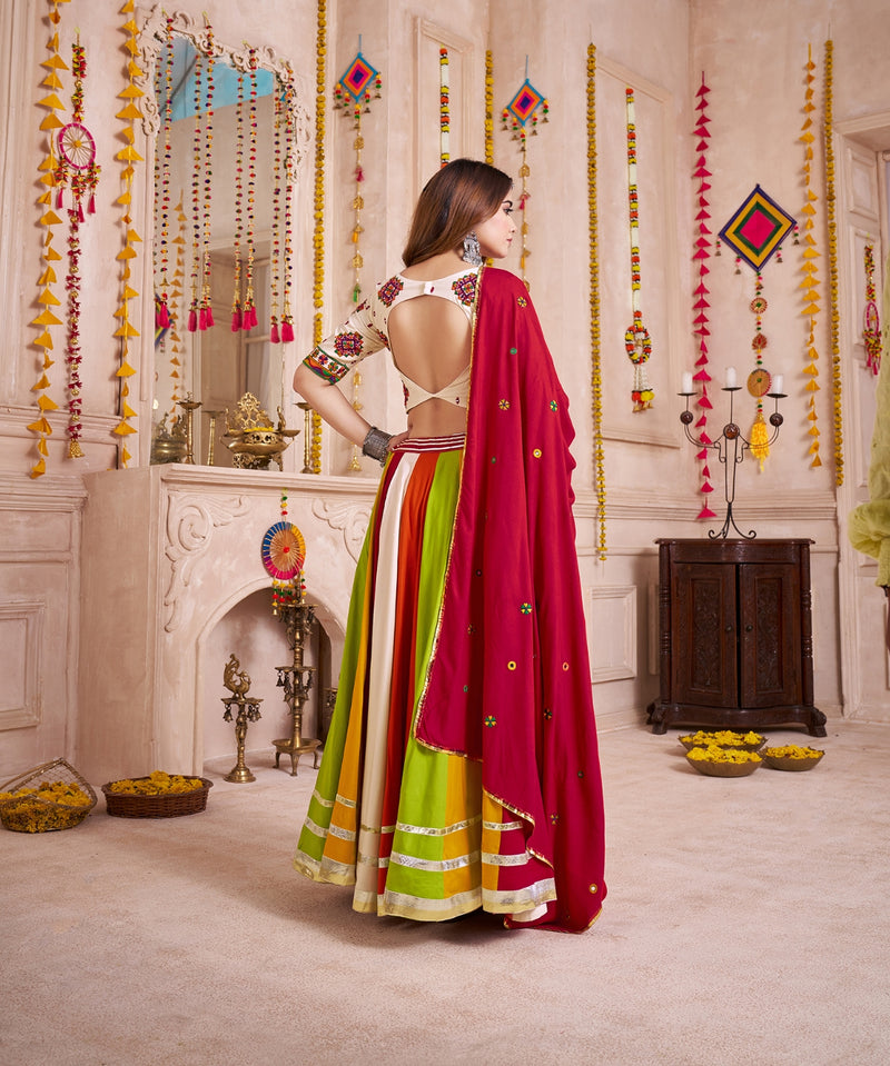 White Multicolor Navratri Chaniya Choli with Mirror Embroidery