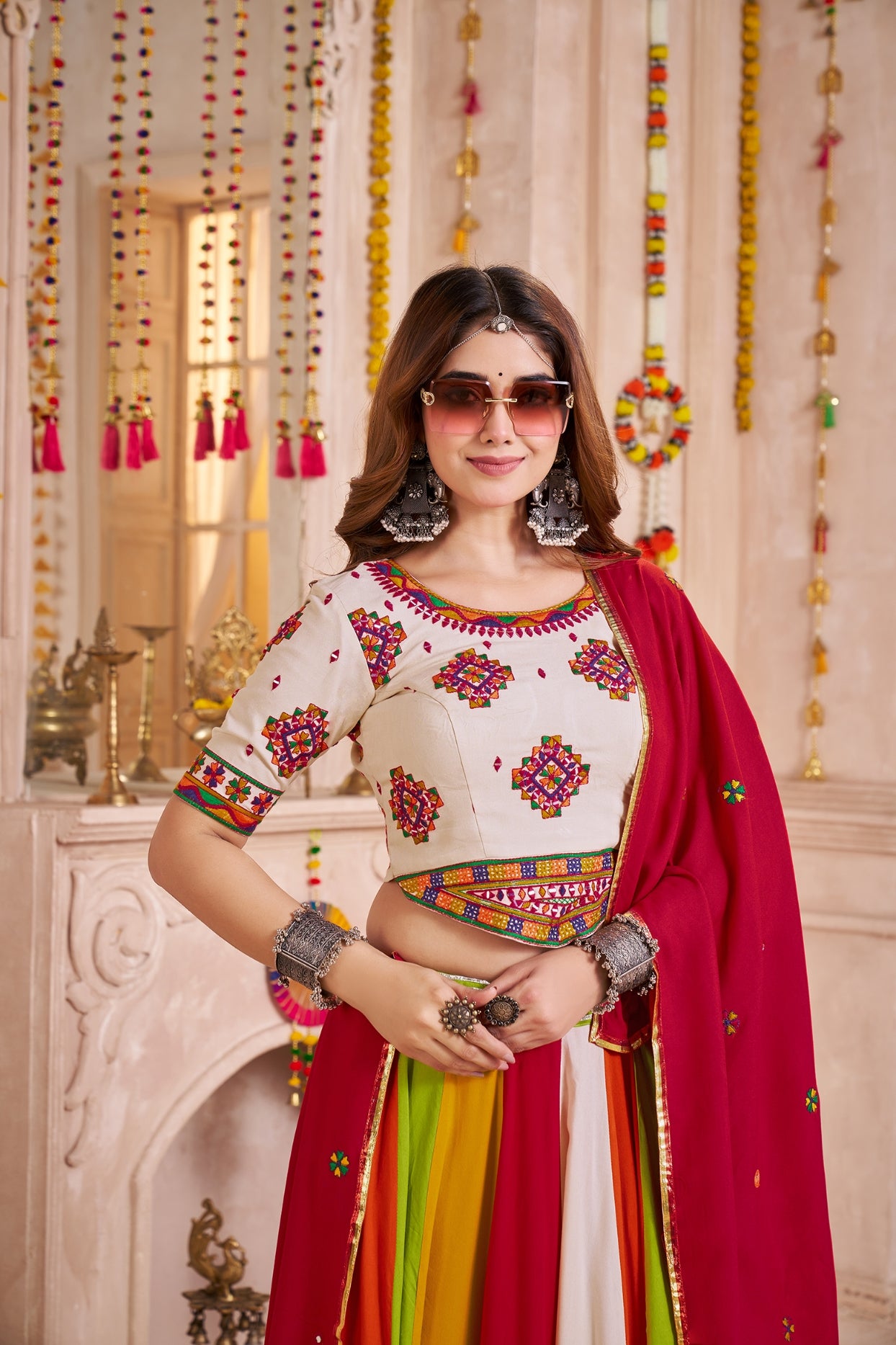 White Multicolor Navratri Chaniya Choli with Mirror Embroidery