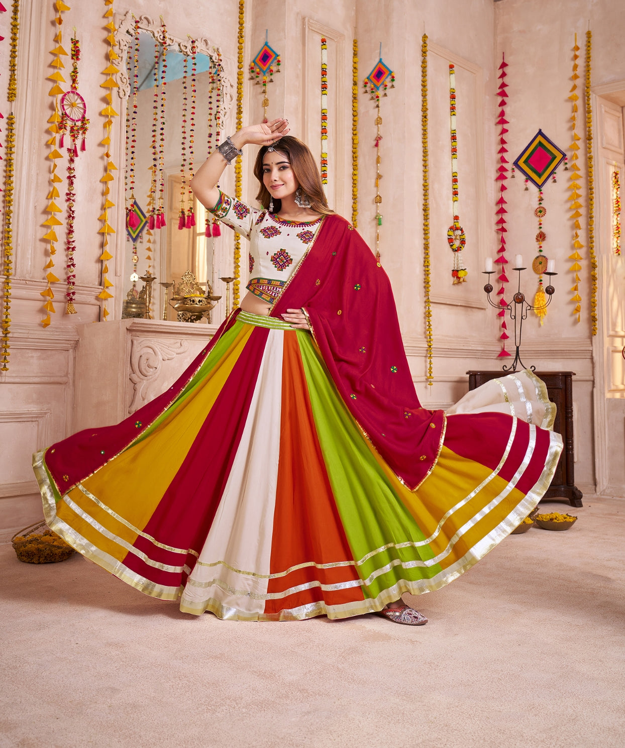 White Multicolor Navratri Chaniya Choli with Mirror Embroidery
