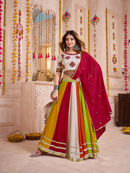 White Multicolor Navratri Chaniya Choli with Mirror Embroidery