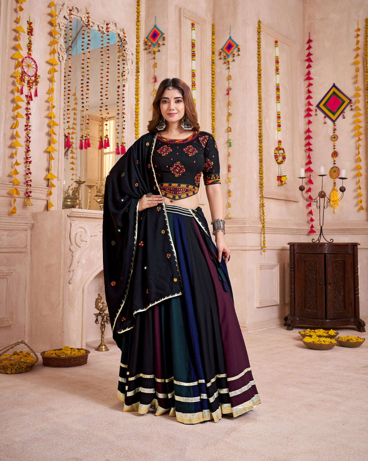 Black Multicolor Navratri Chaniya Choli with Mirror Work