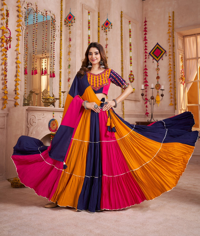 Purple and Orange Multicolor Cotton Navratri Lehenga Choli