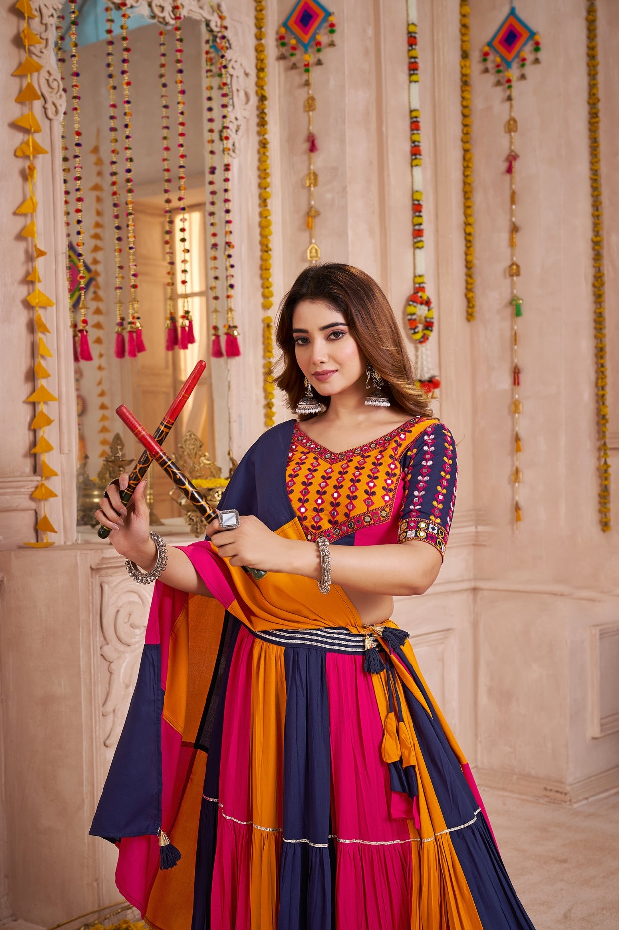 Purple and Orange Multicolor Cotton Navratri Lehenga Choli
