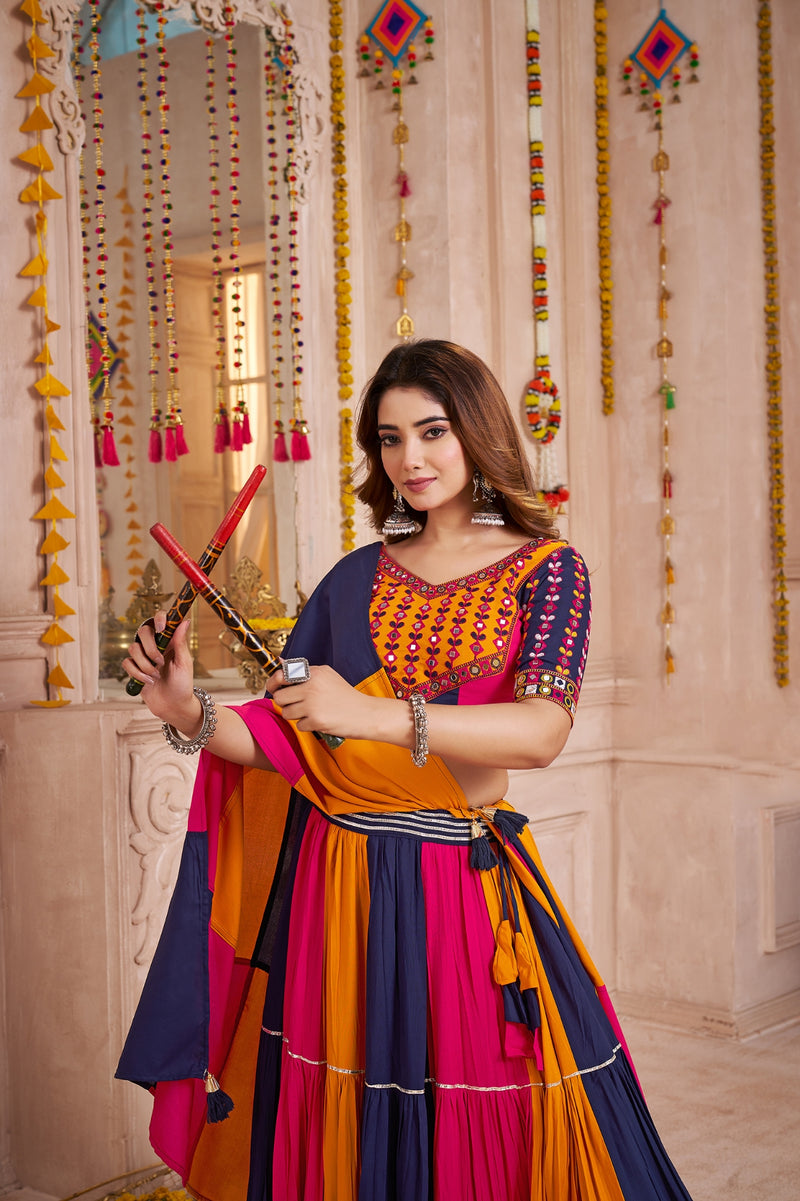 Purple and Orange Multicolor Cotton Navratri Lehenga Choli
