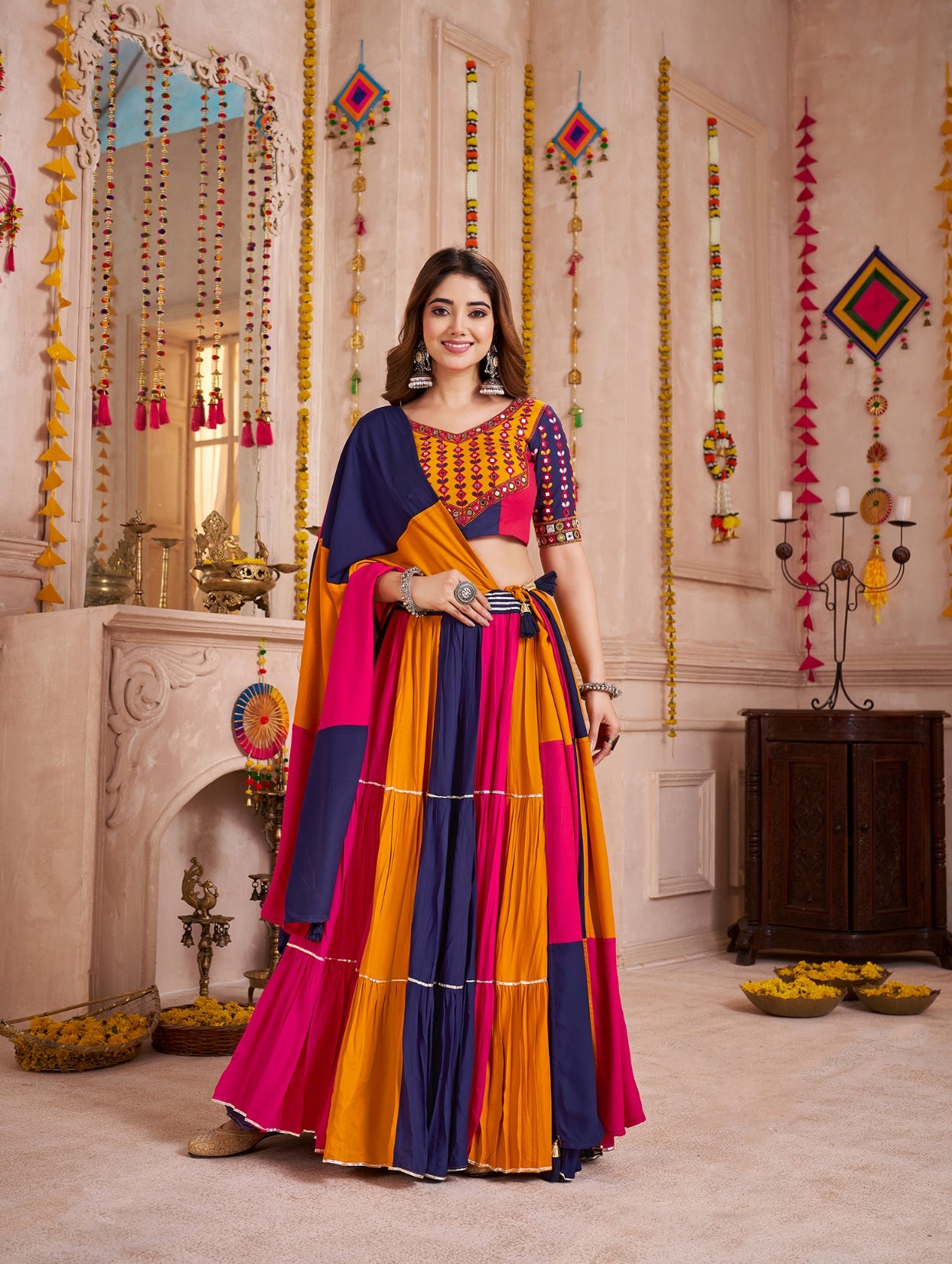 Purple and Orange Multicolor Cotton Navratri Lehenga Choli