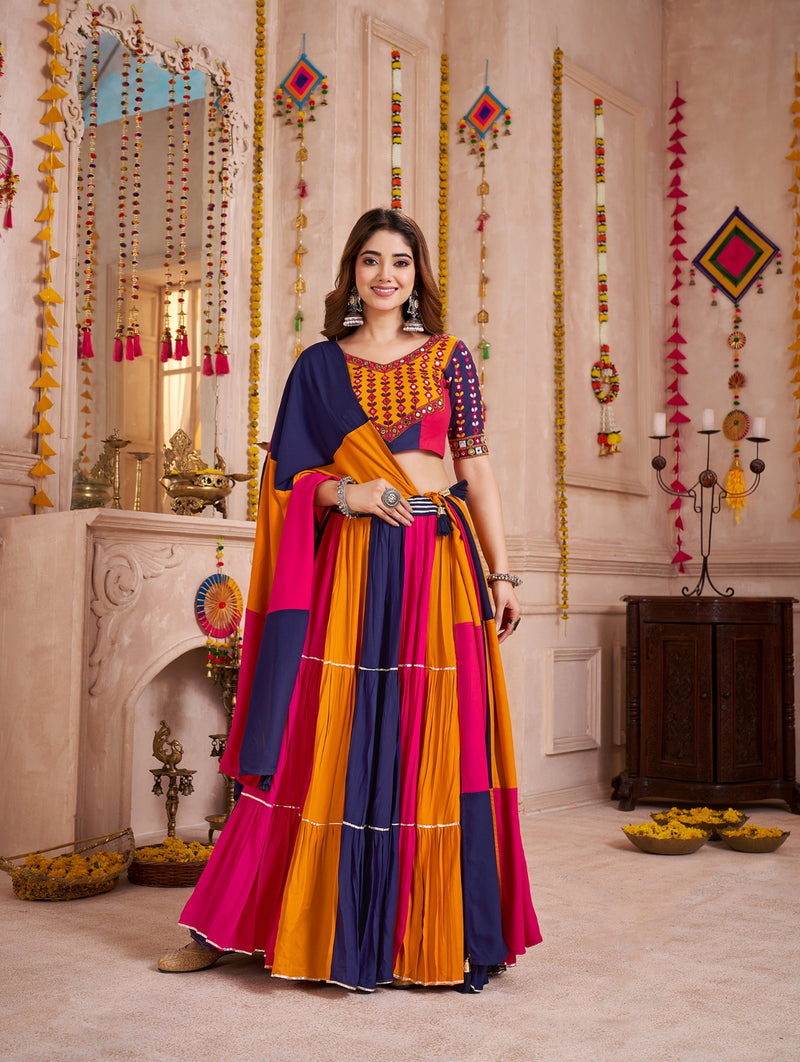 Purple and Orange Multicolor Cotton Navratri Lehenga Choli