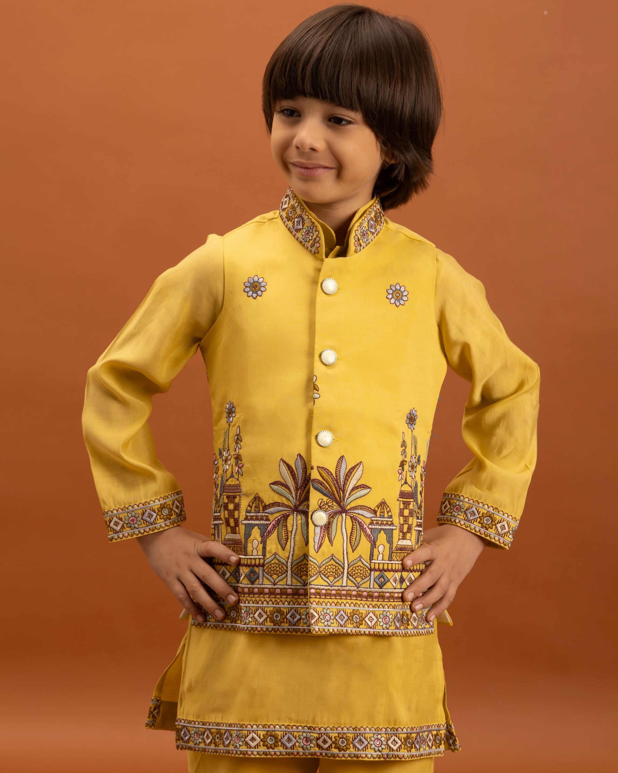 Yellow Kids Kurta Set with Embroidered Koti & Pant