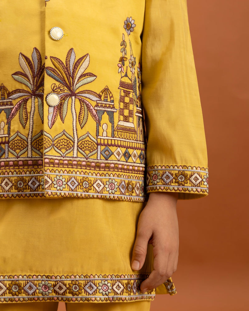 Yellow Kids Kurta Set with Embroidered Koti & Pant