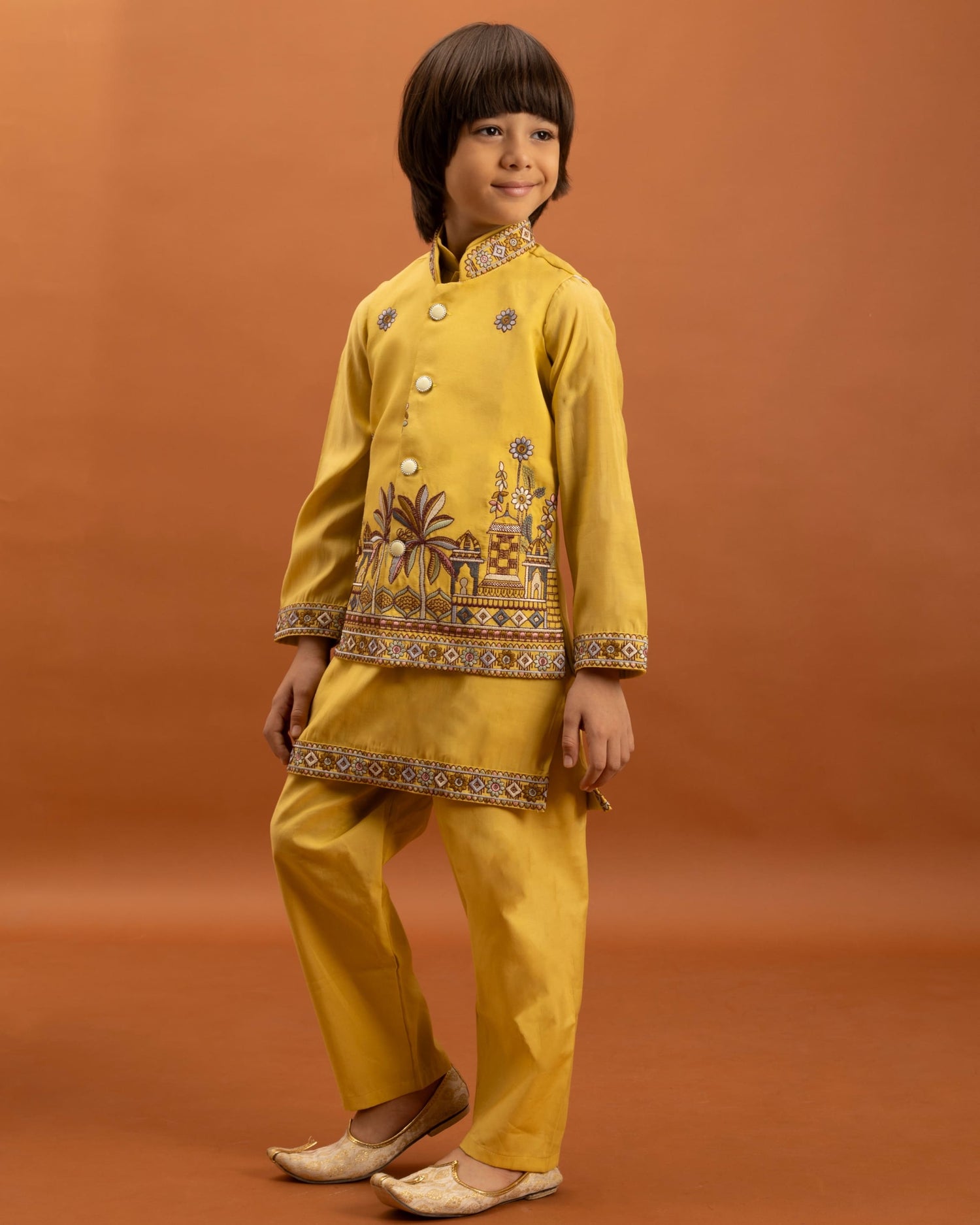 Yellow Kids Kurta Set with Embroidered Koti &amp; Pant