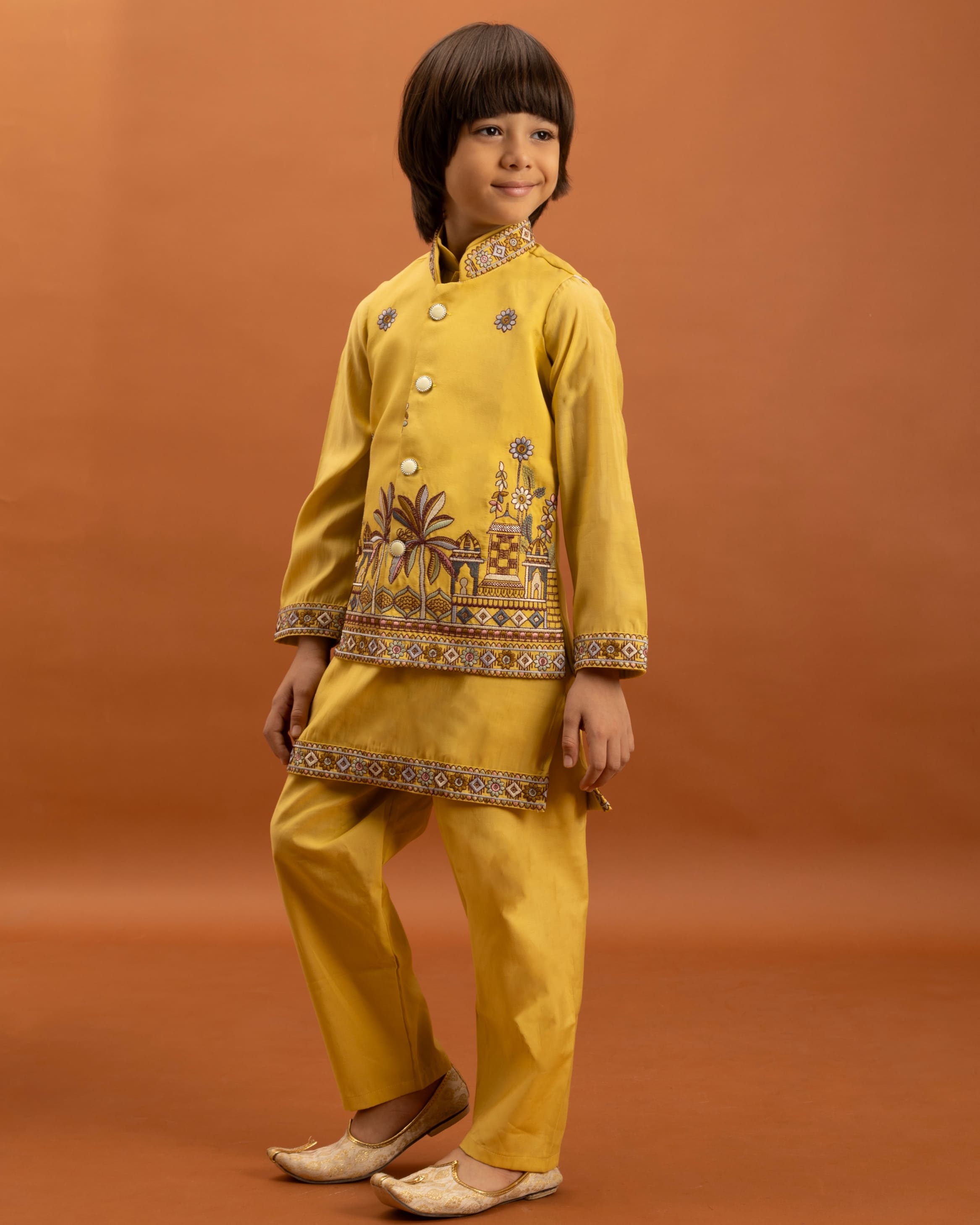 Yellow Kids Kurta Set with Embroidered Koti &amp; Pant