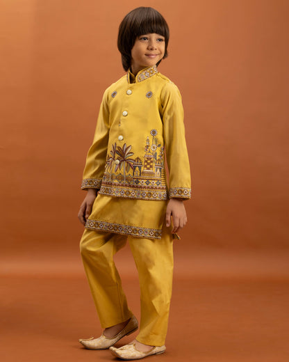 Yellow Kids Kurta Set with Embroidered Koti &amp; Pant