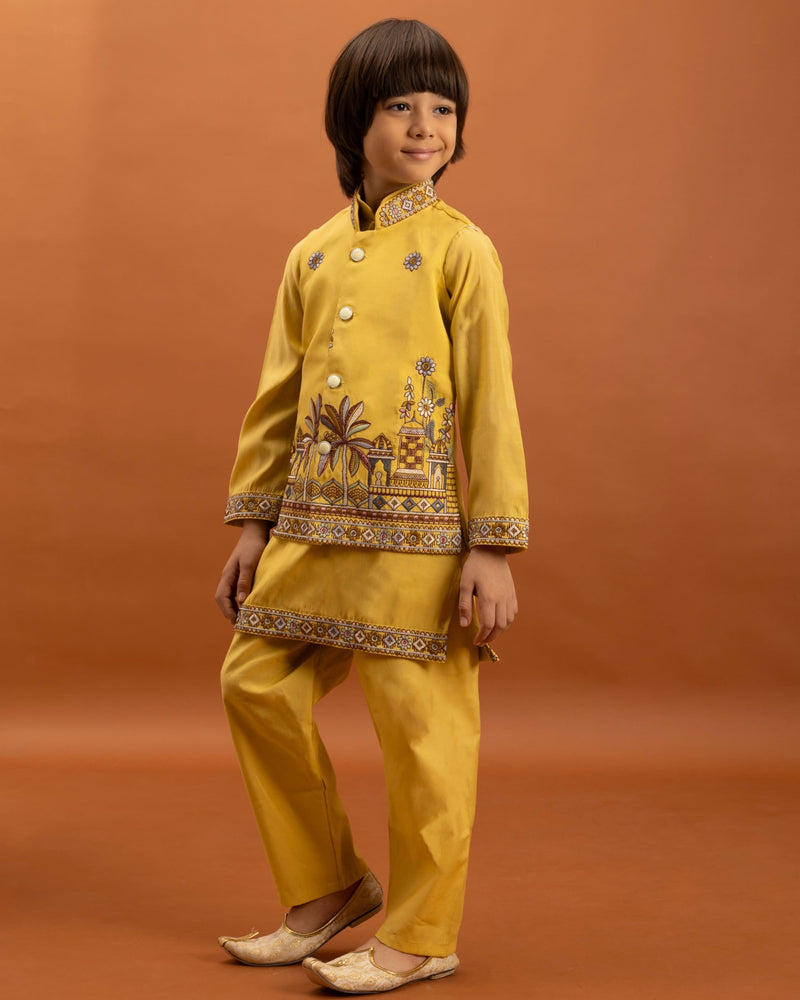 Yellow Kids Kurta Set with Embroidered Koti & Pant
