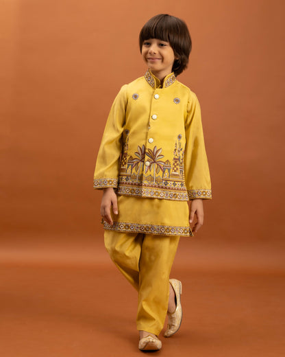 Yellow Kids Kurta Set with Embroidered Koti &amp; Pant