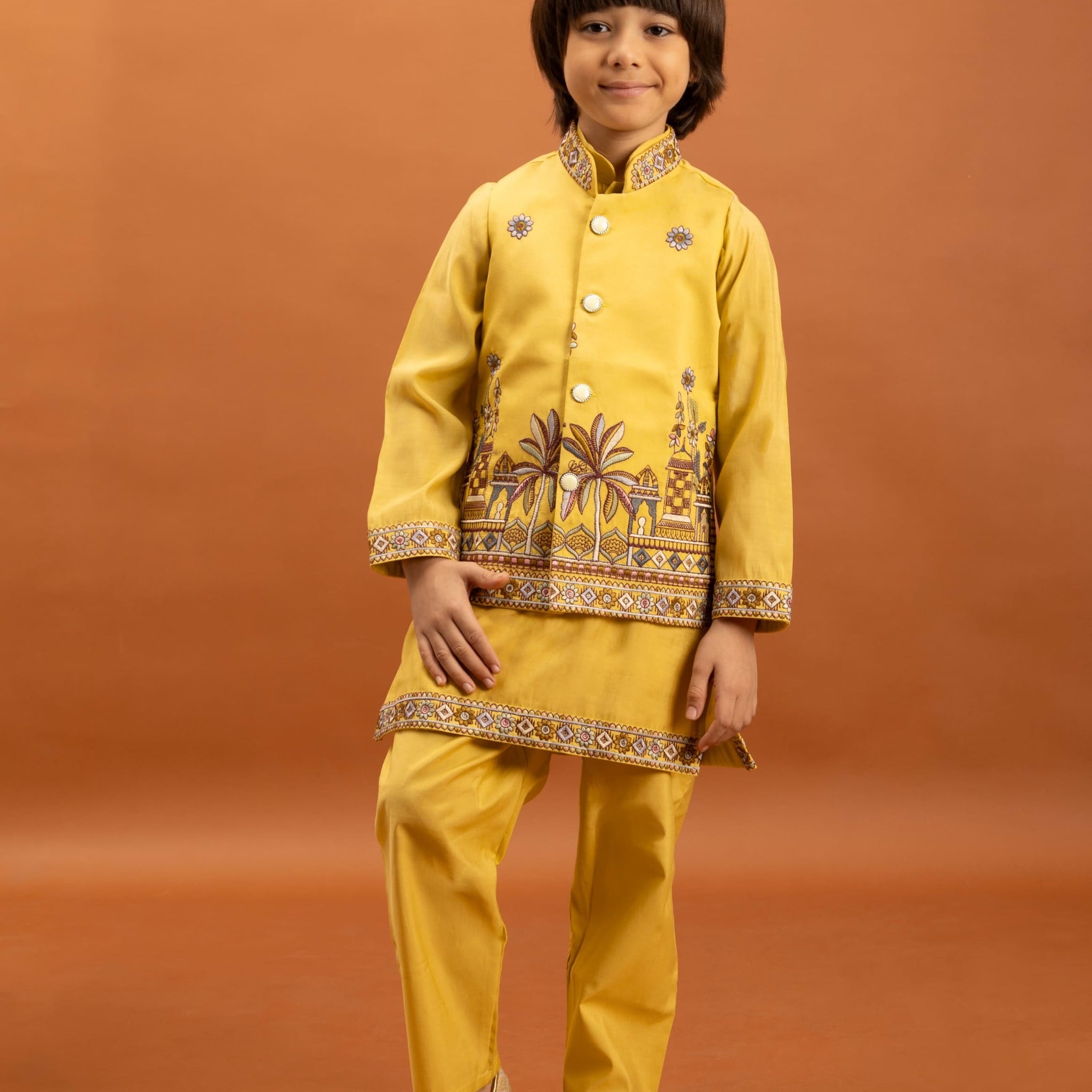 Yellow Kids Kurta Set with Embroidered Koti & Pant