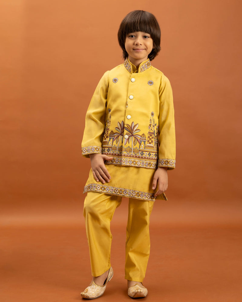 Yellow Kids Kurta Set with Embroidered Koti & Pant