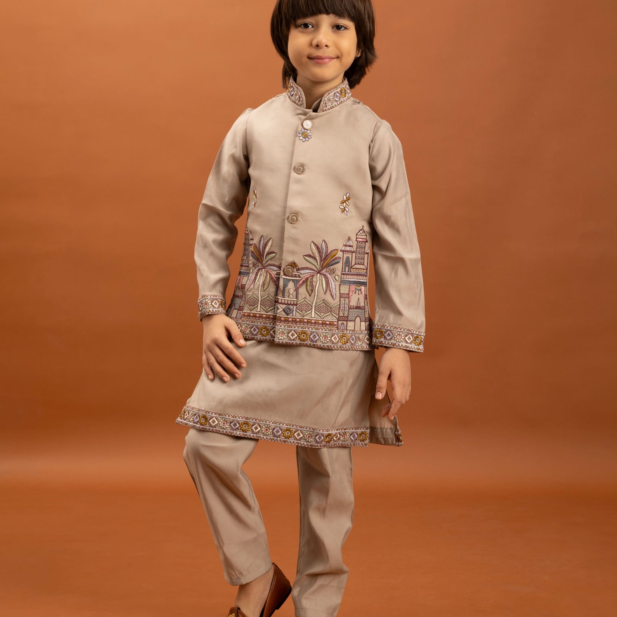 Beige Kids Kurta Set with Embroidered Koti