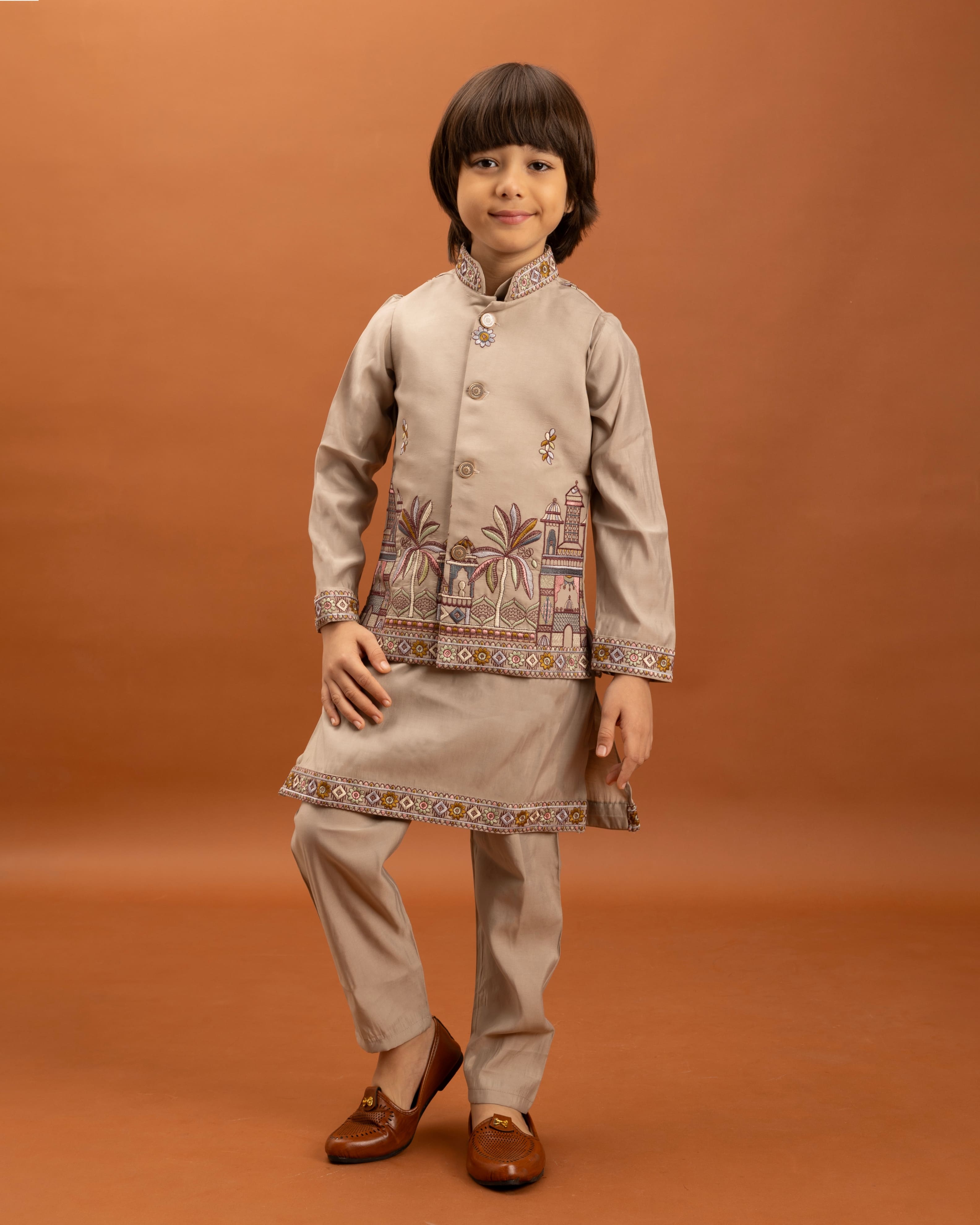 Beige Kids Kurta Set with Embroidered Koti