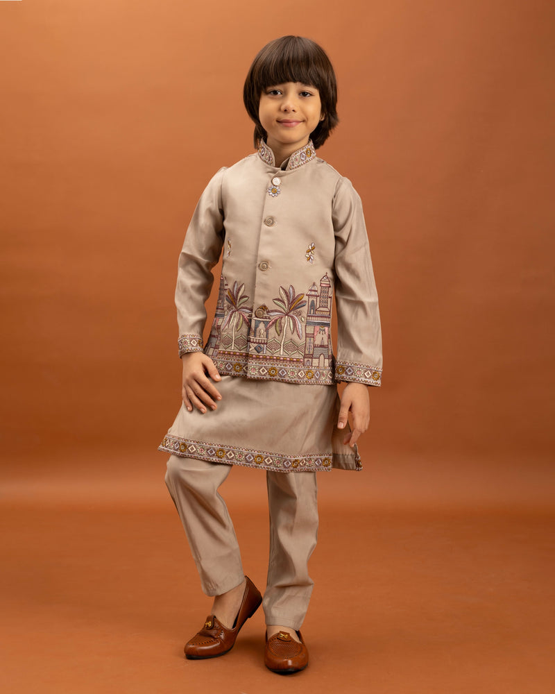 Beige Kids Kurta Set with Embroidered Koti