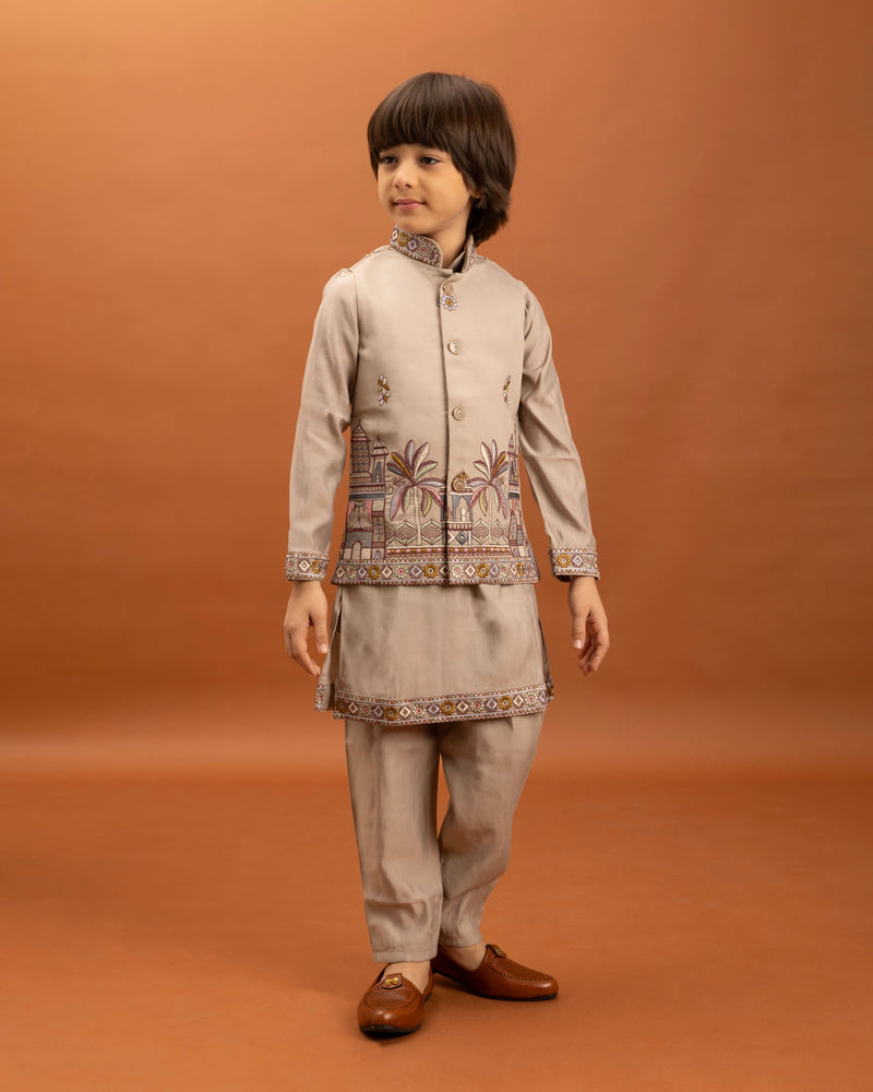 Beige Kids Kurta Set with Embroidered Koti