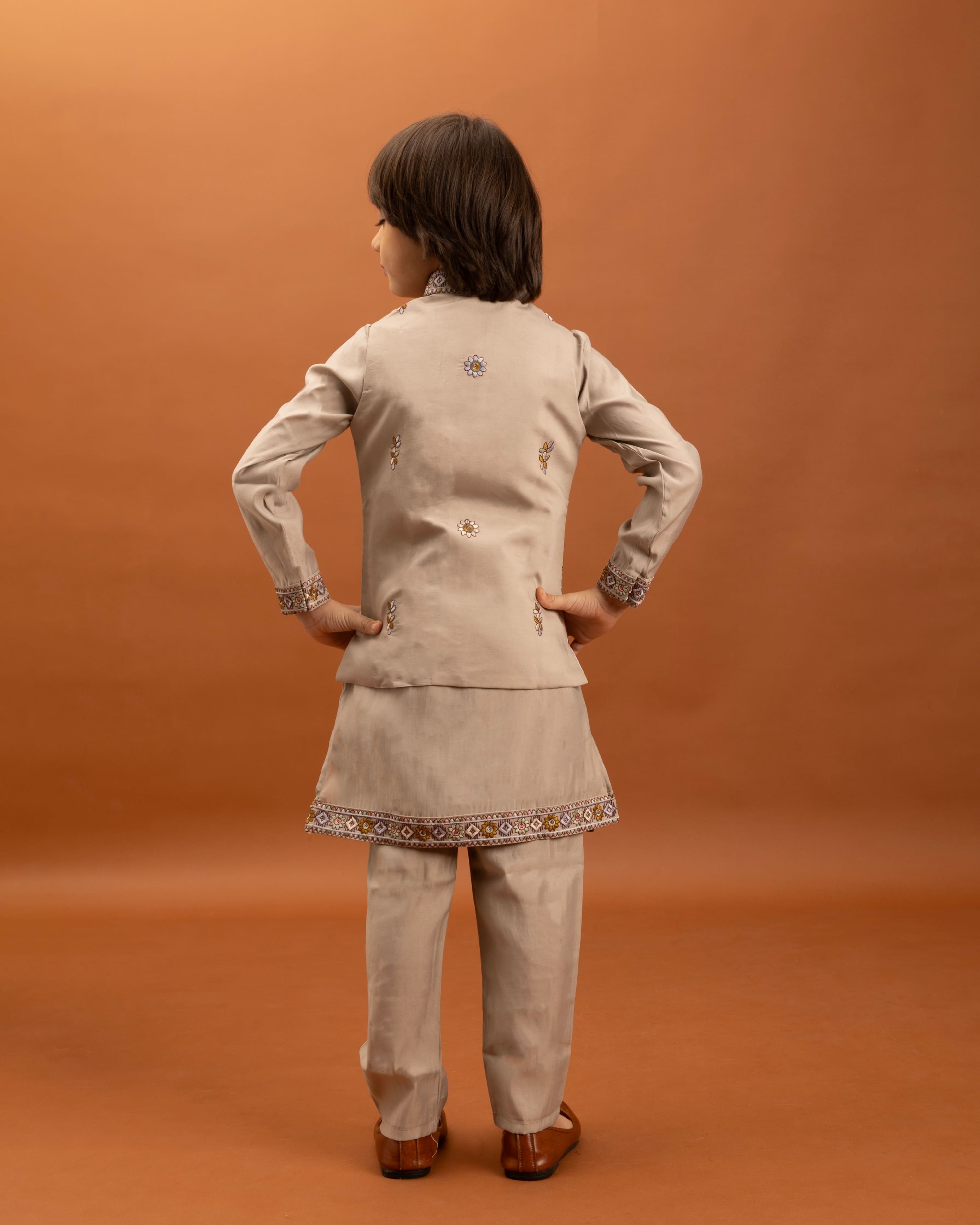 Beige Kids Kurta Set with Embroidered Koti