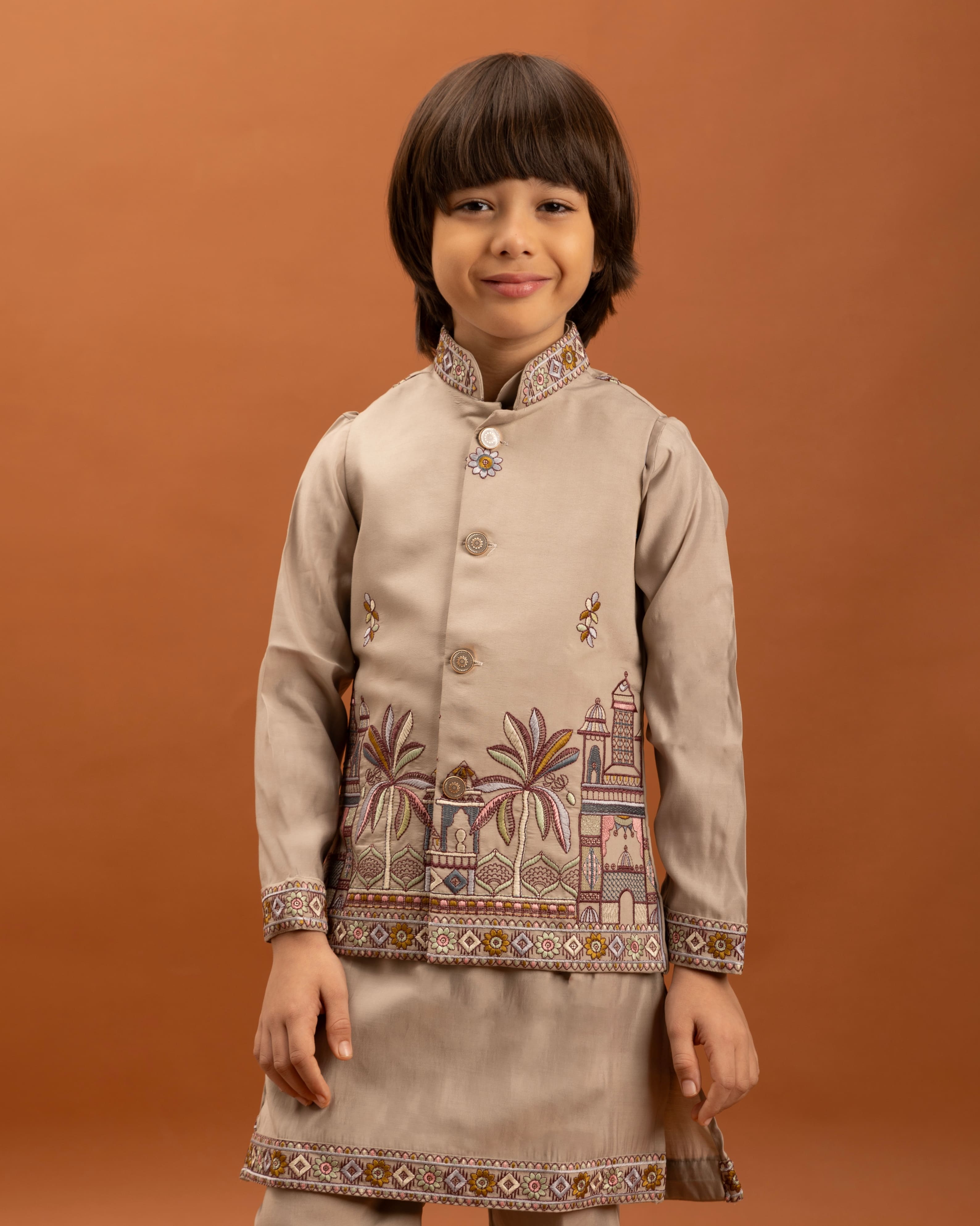 Beige Kids Kurta Set with Embroidered Koti