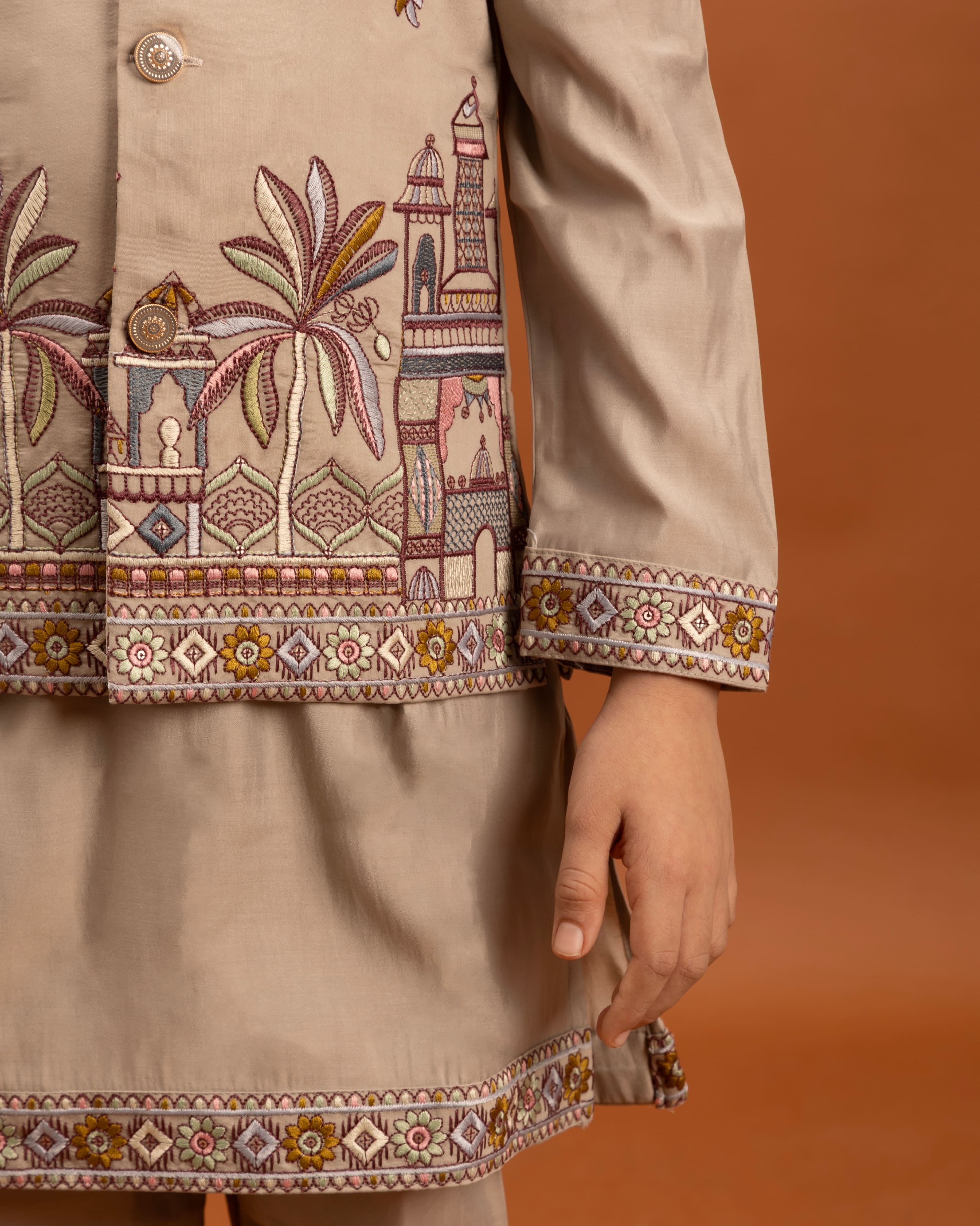 Beige Kids Kurta Set with Embroidered Koti