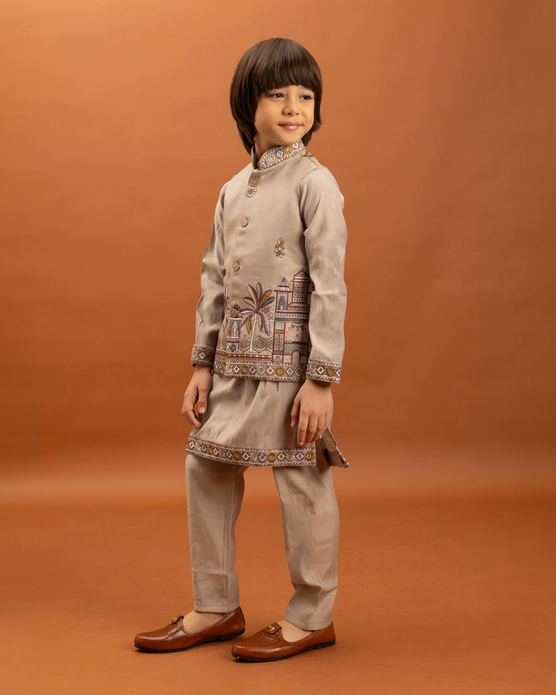 Beige Kids Kurta Set with Embroidered Koti