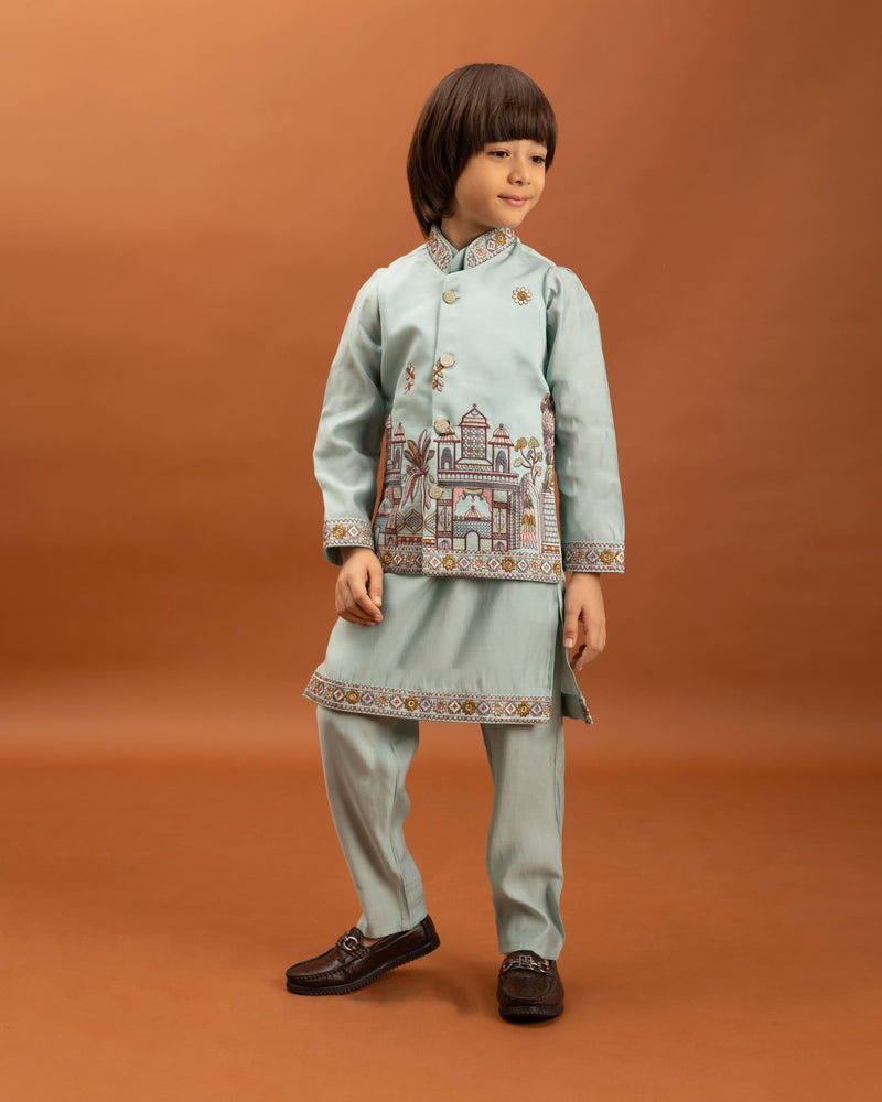 Sky Blue Kids Kurta Set with Embroidered Koti & Pant