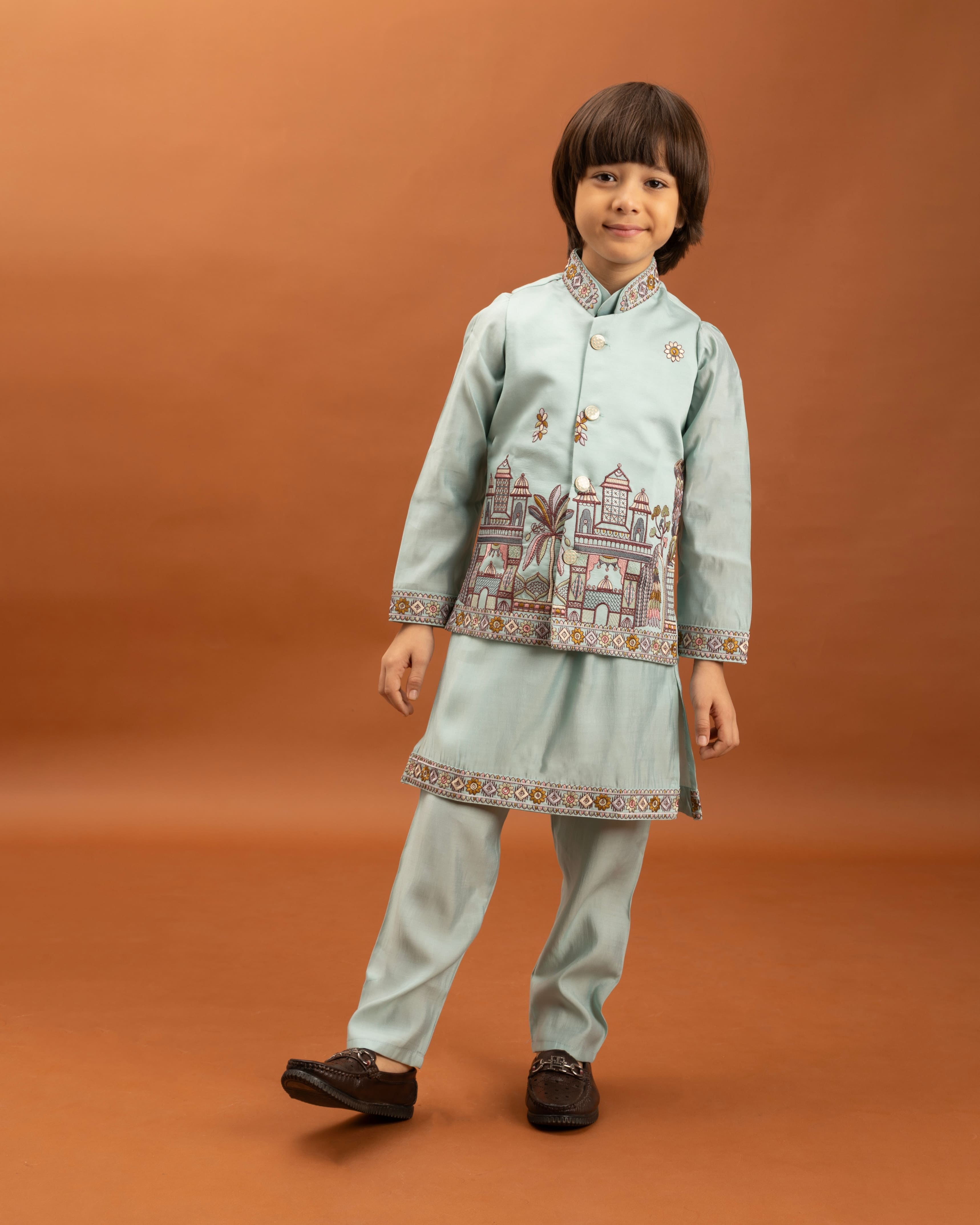 Sky Blue Kids Kurta Set with Embroidered Koti &amp; Pant