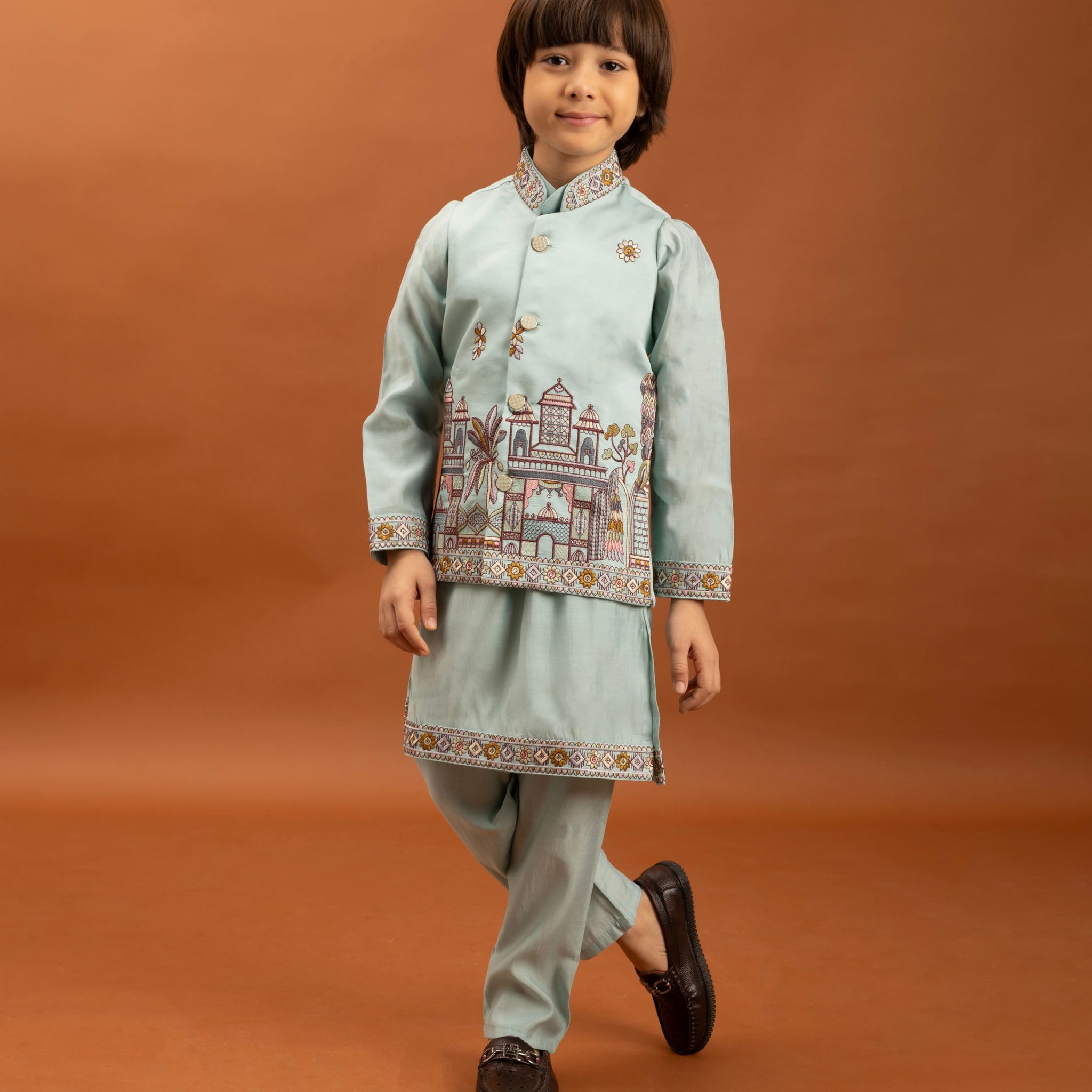 Sky Blue Kids Kurta Set with Embroidered Koti & Pant
